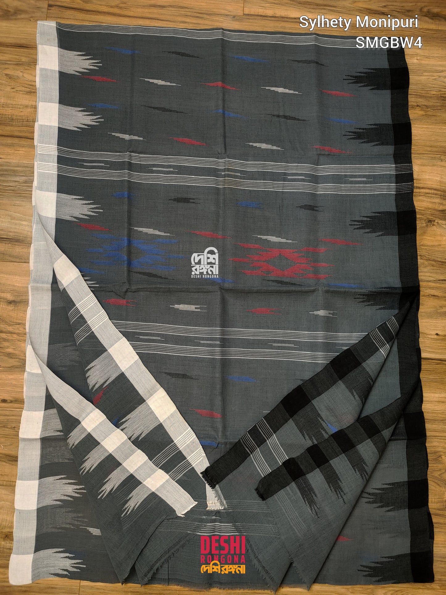 Sylheti Monipuri Handwoven Cotton Saree – Gray & Black