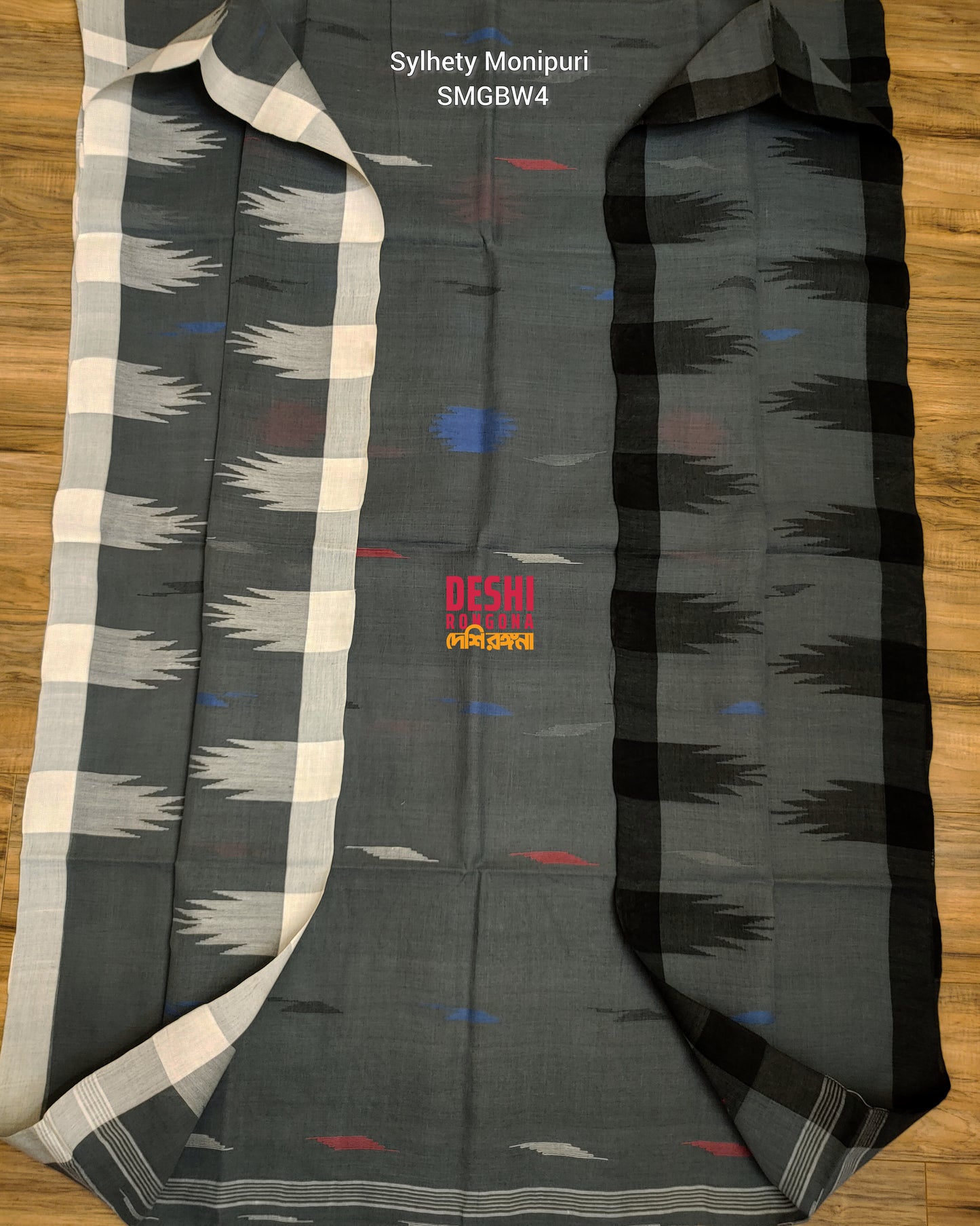 Sylheti Monipuri Handwoven Cotton Saree – Gray & Black