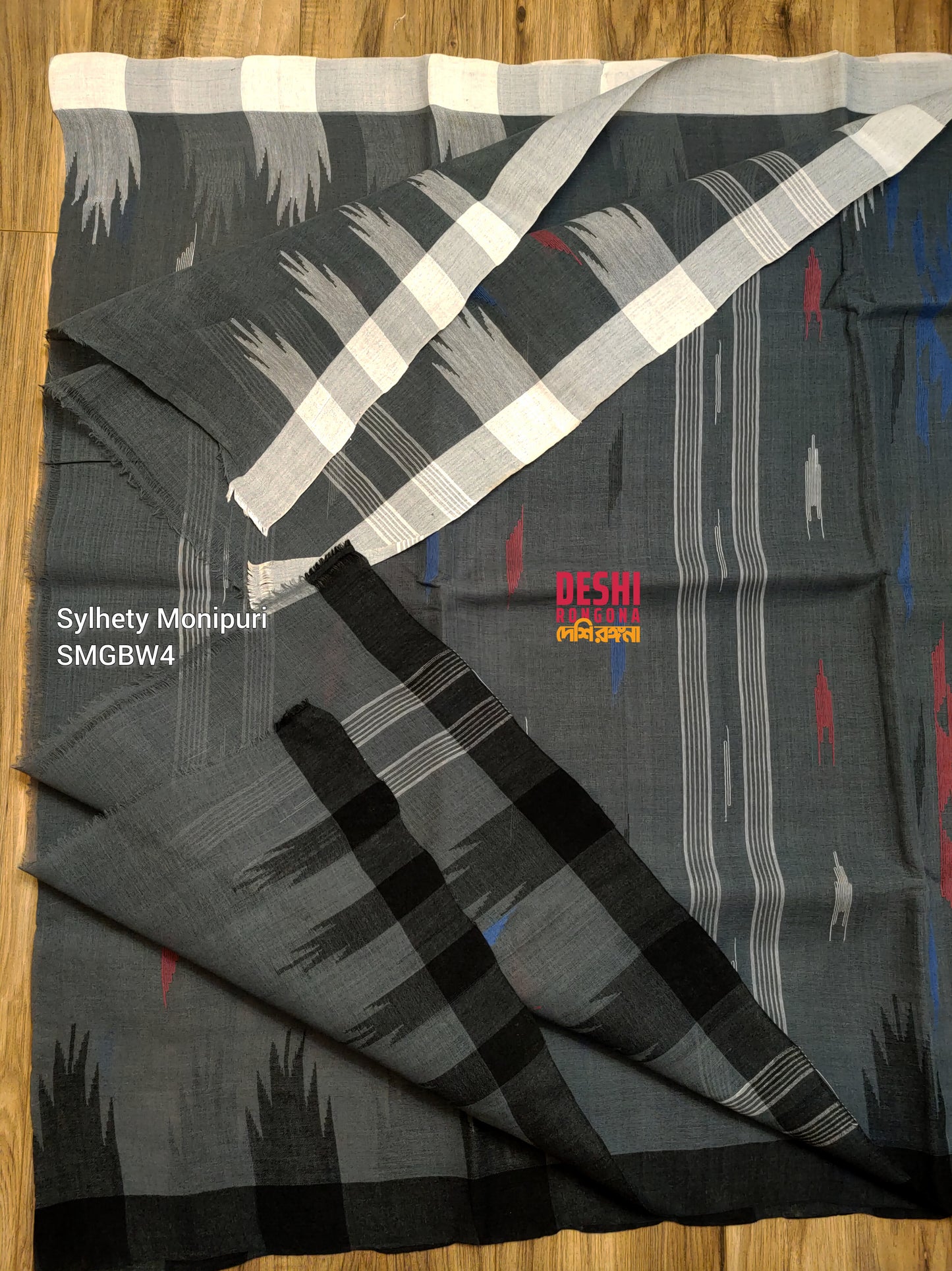 Sylheti Monipuri Handwoven Cotton Saree – Gray & Black