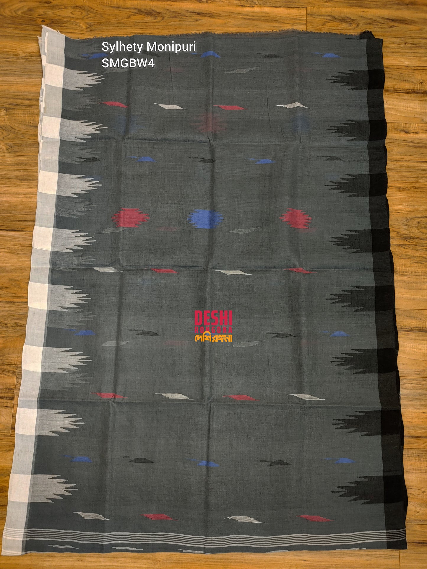 Sylheti Monipuri Handwoven Cotton Saree – Gray & Black