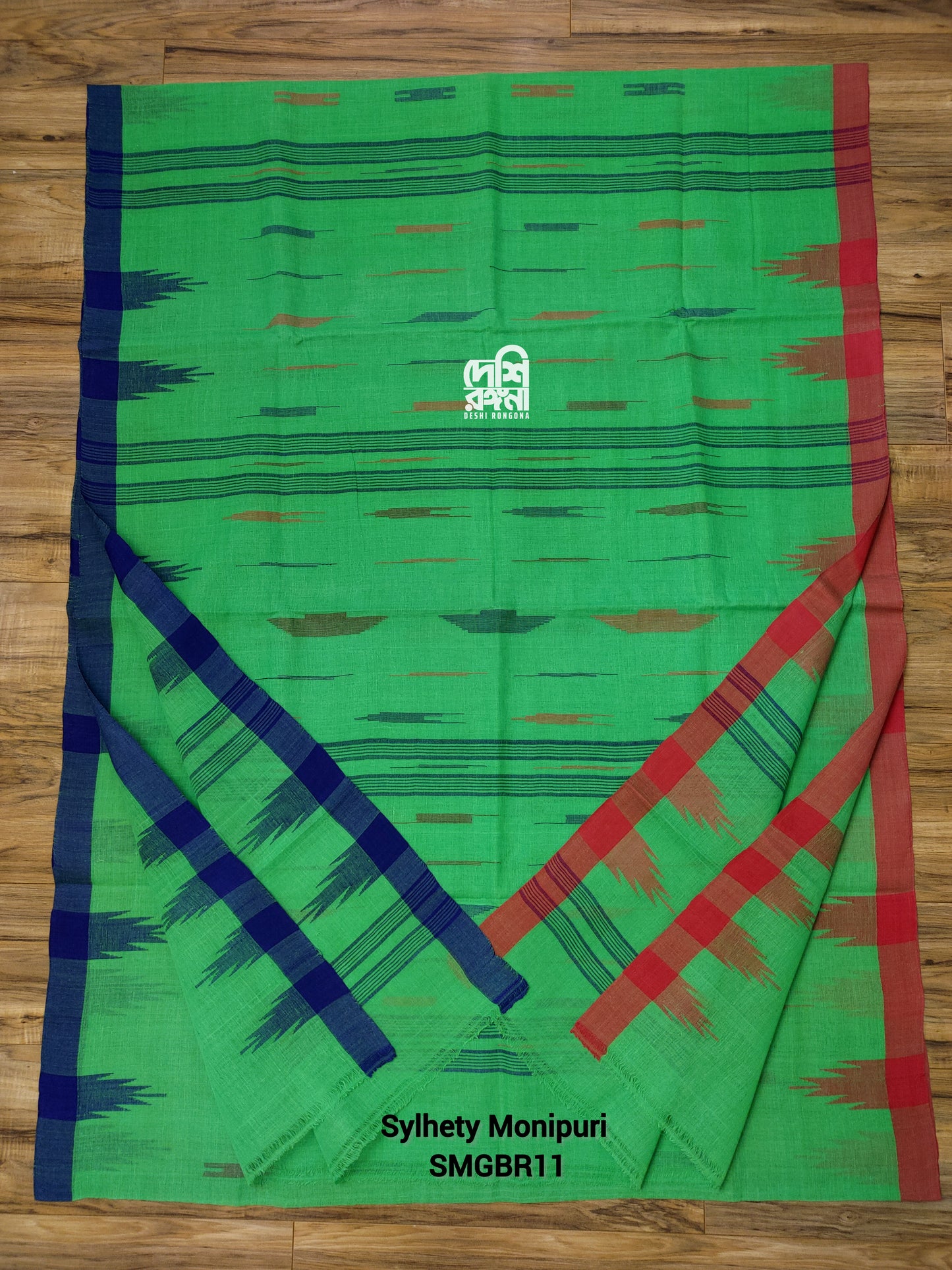 Sylheti Monipuri Handwoven Cotton Saree – Parrot Green