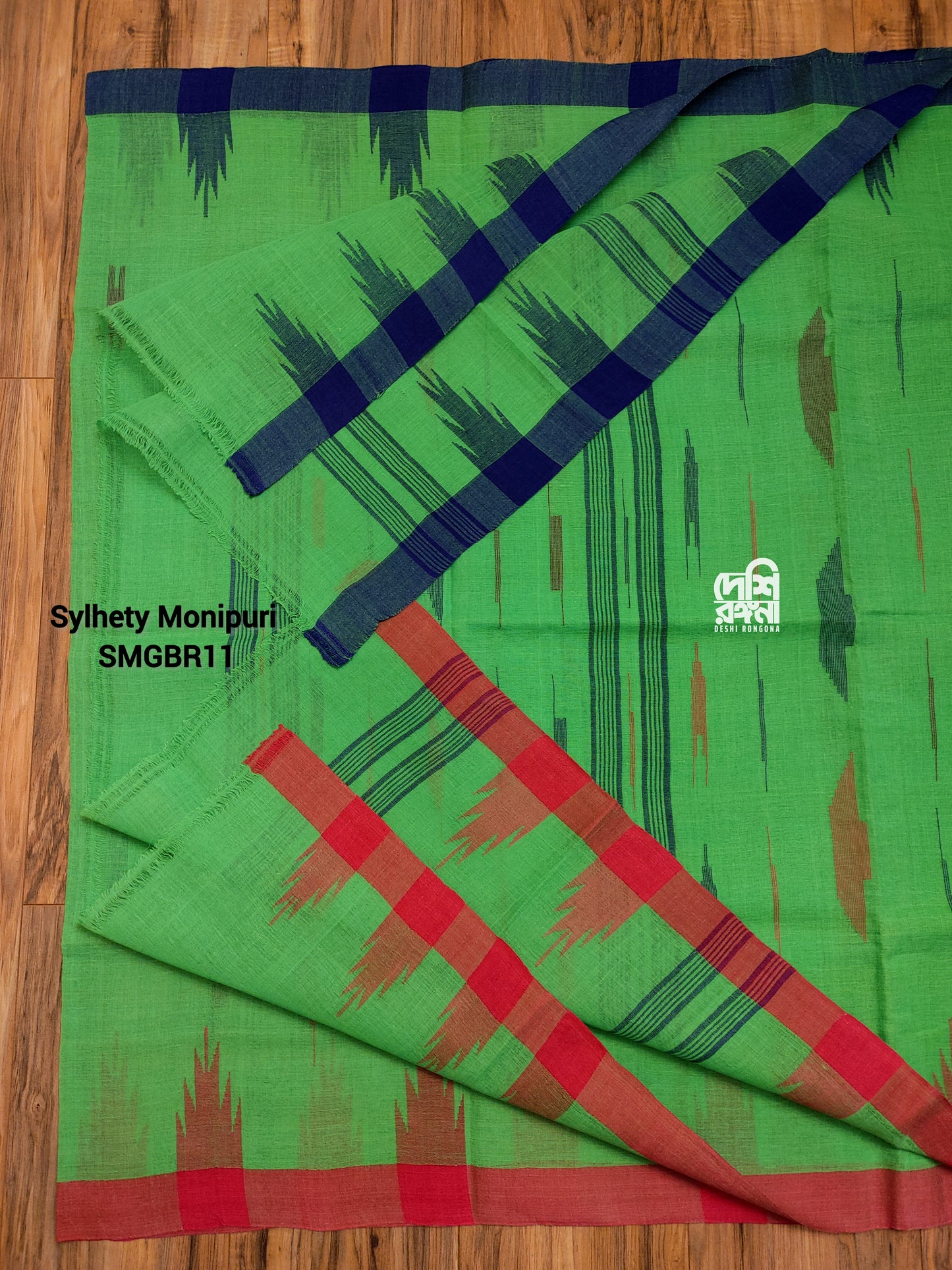 Sylheti Monipuri Handwoven Cotton Saree – Parrot Green