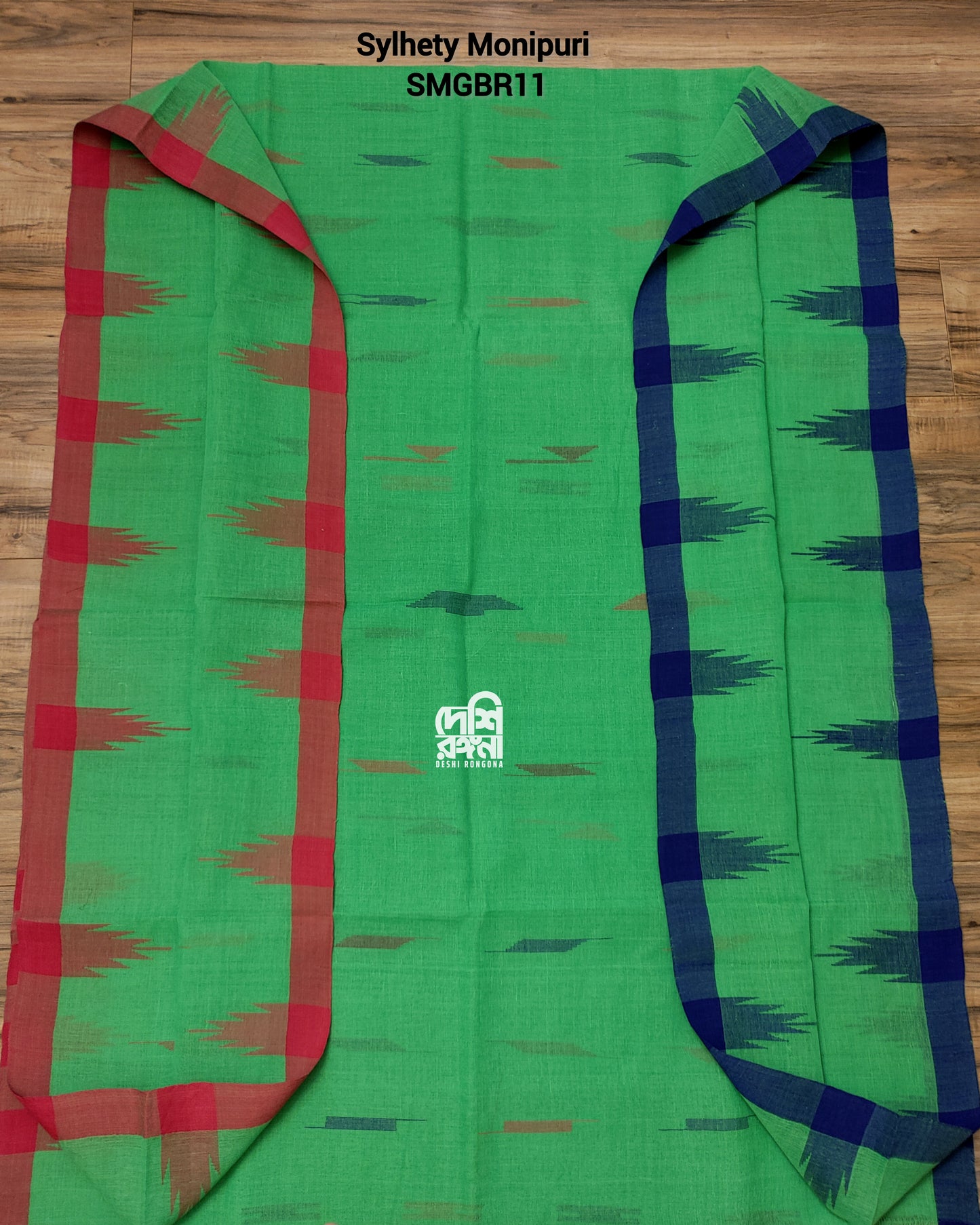 Sylheti Monipuri Handwoven Cotton Saree – Parrot Green