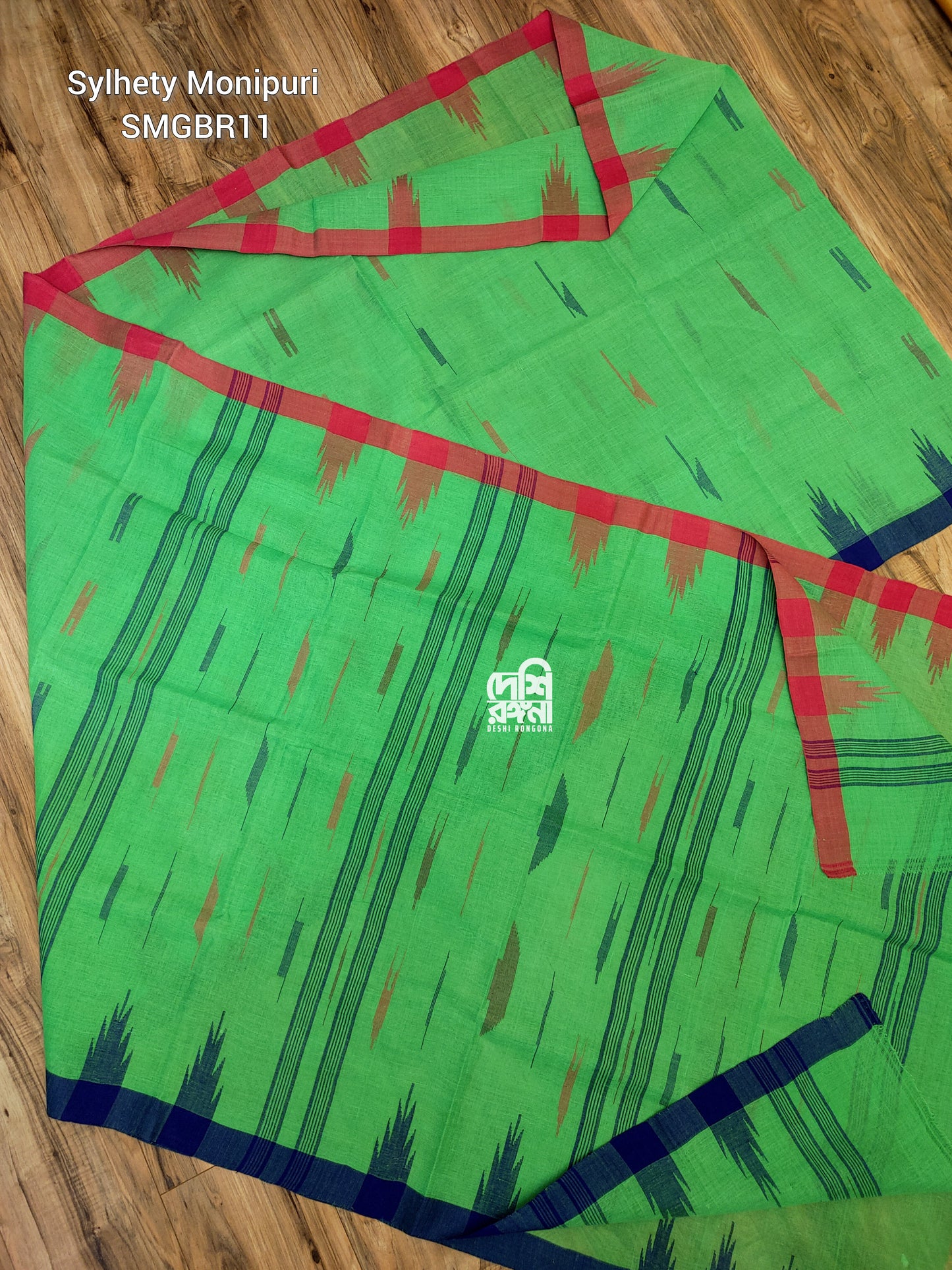 Sylheti Monipuri Handwoven Cotton Saree – Parrot Green