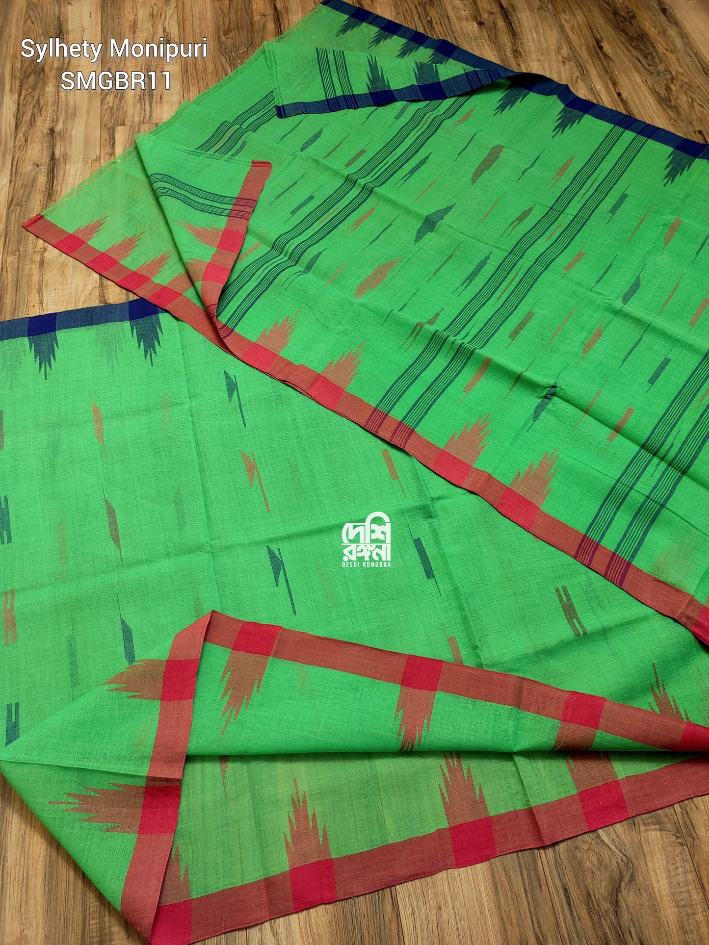 Sylheti Monipuri Handwoven Cotton Saree – Parrot Green