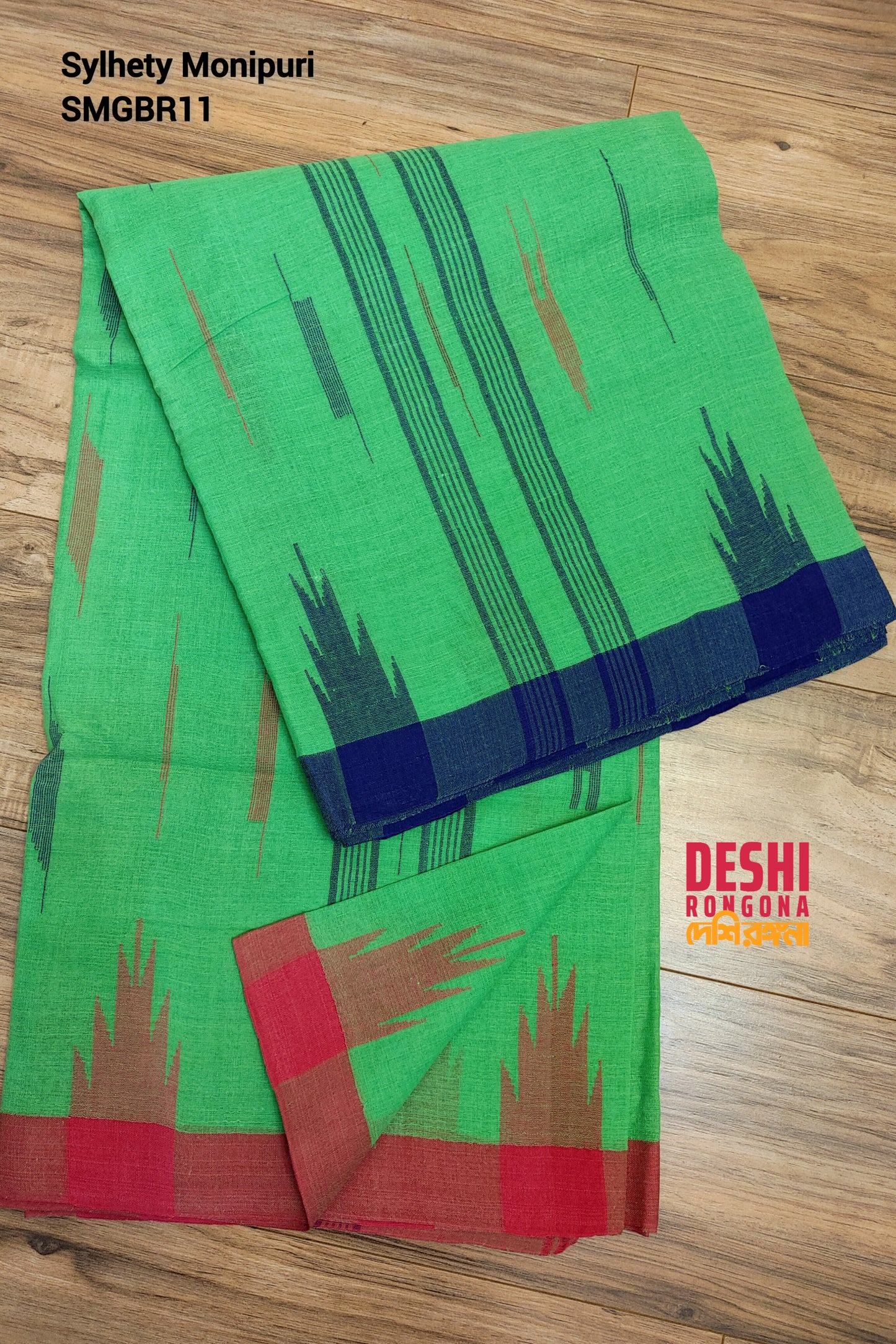 Sylheti Monipuri Handwoven Cotton Saree – Parrot Green