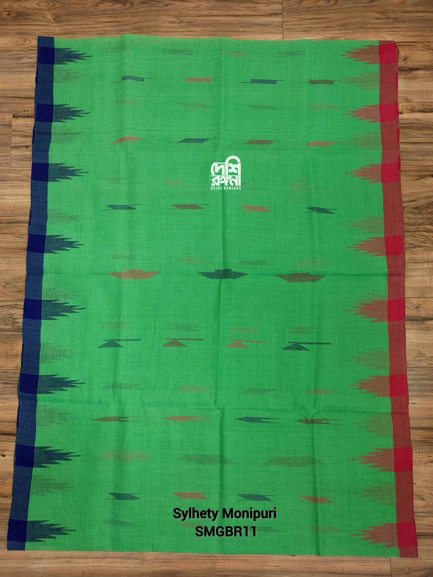 Sylheti Monipuri Handwoven Cotton Saree – Parrot Green