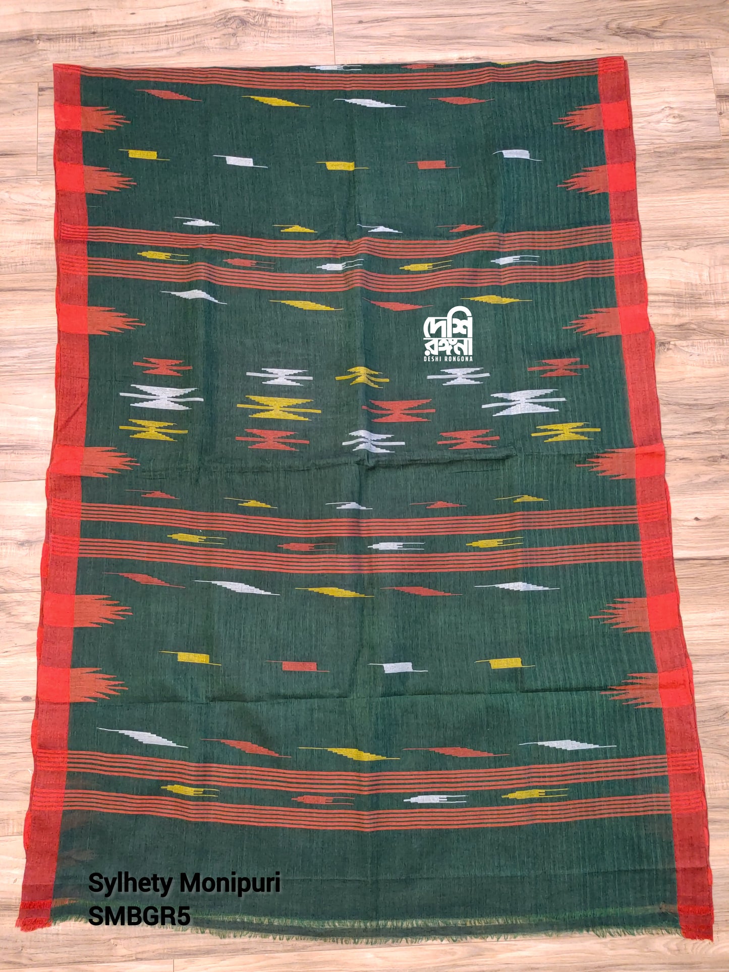 Sylheti Monipuri Handwoven Cotton Saree – Bottle Green & Red