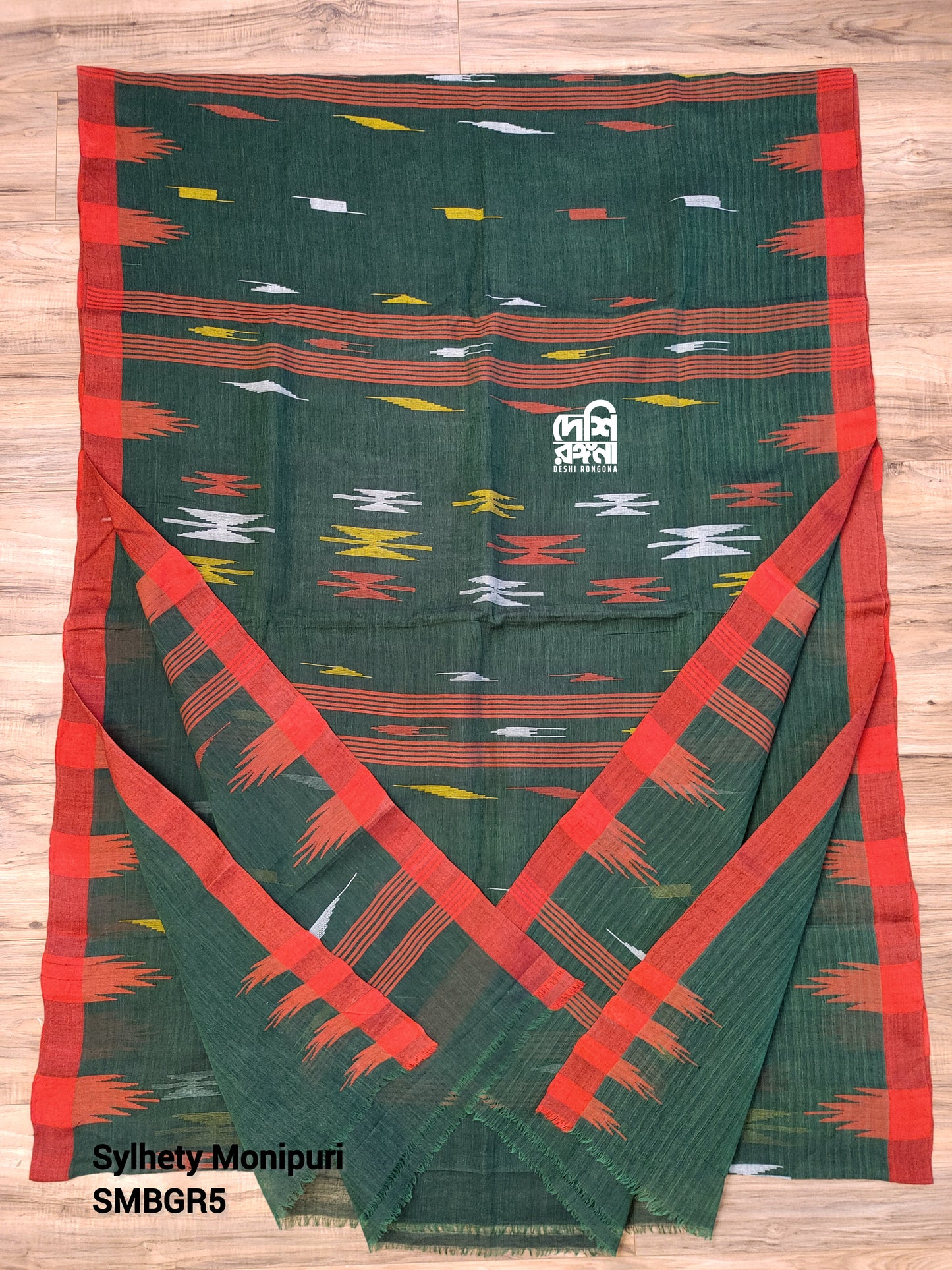 Sylheti Monipuri Handwoven Cotton Saree – Bottle Green & Red