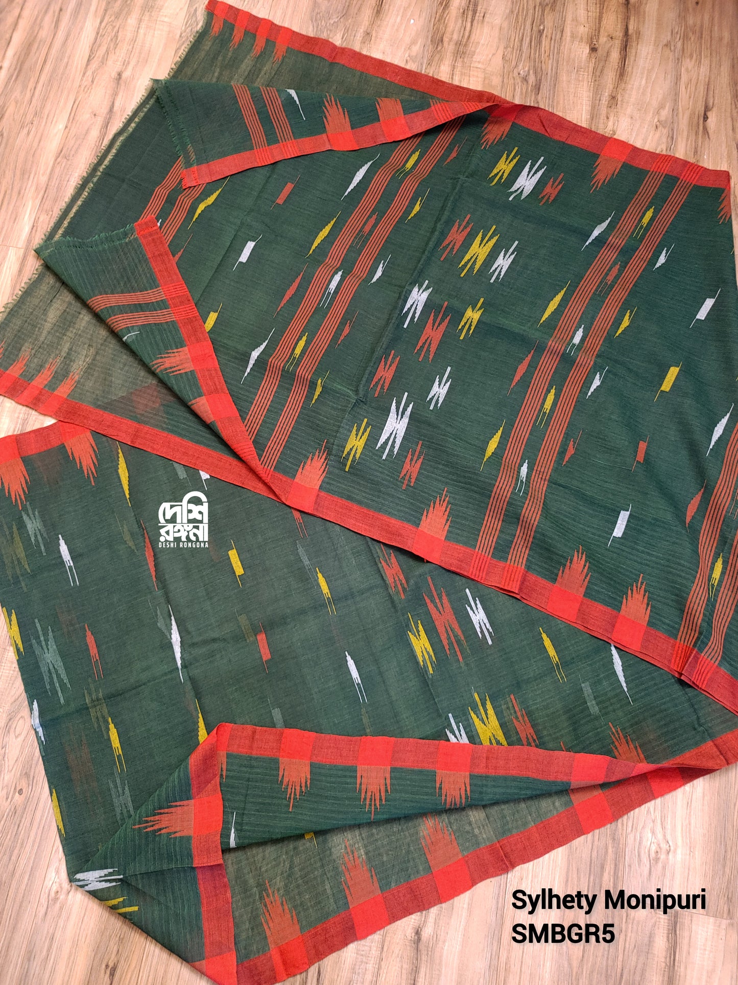 Sylheti Monipuri Handwoven Cotton Saree – Bottle Green & Red