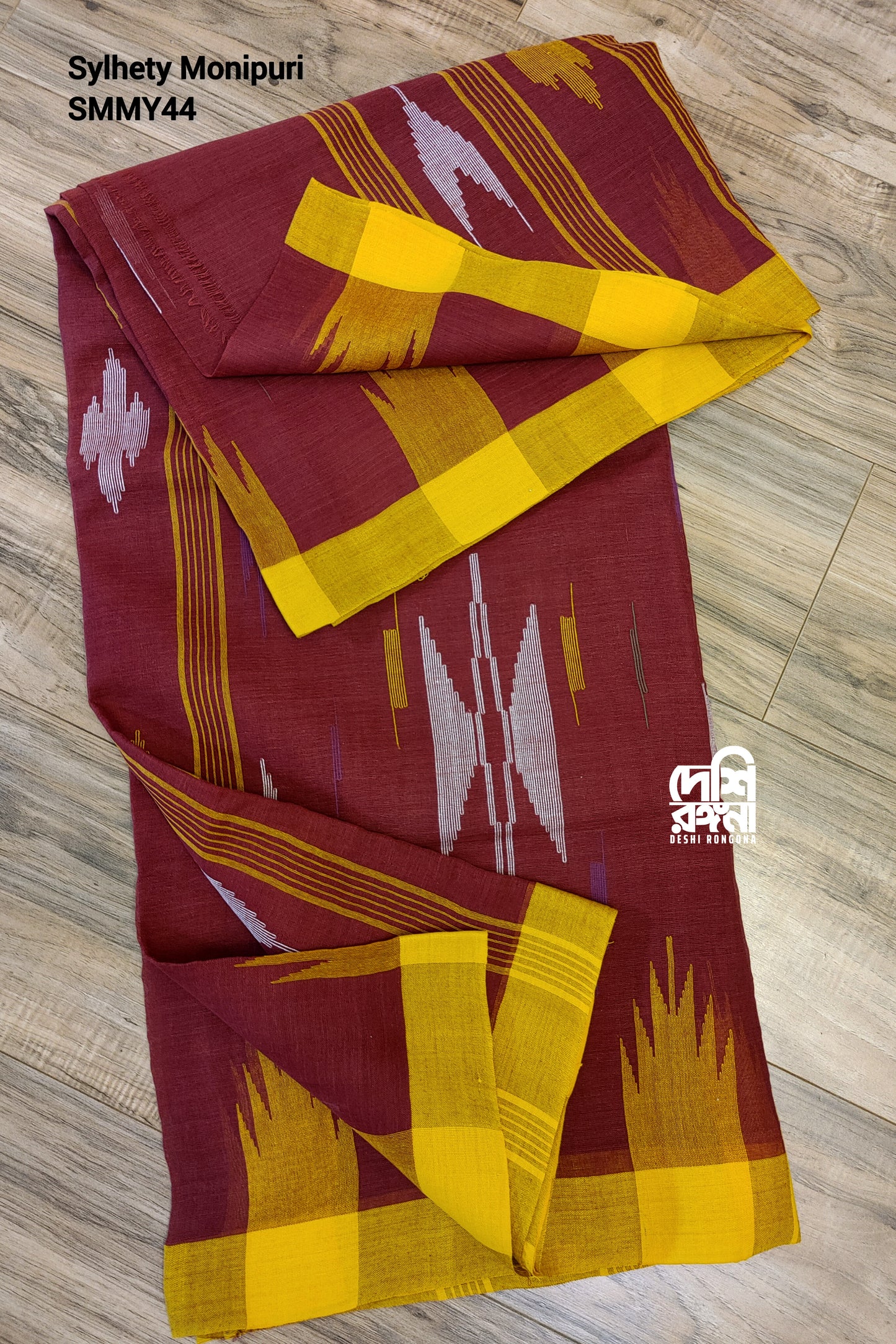 Sylheti Monipuri Handwoven Saree – Maroon & Yellow Border