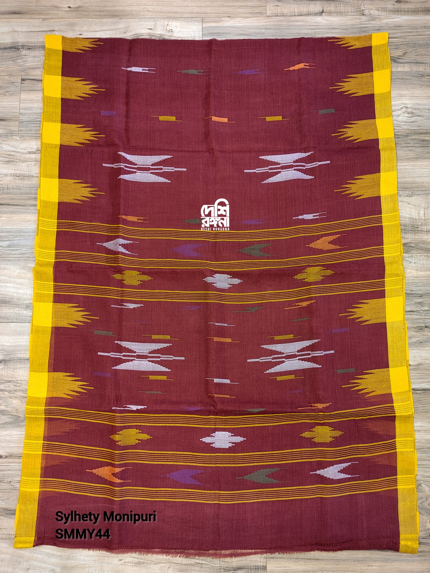 Sylheti Monipuri Handwoven Saree – Maroon & Yellow Border