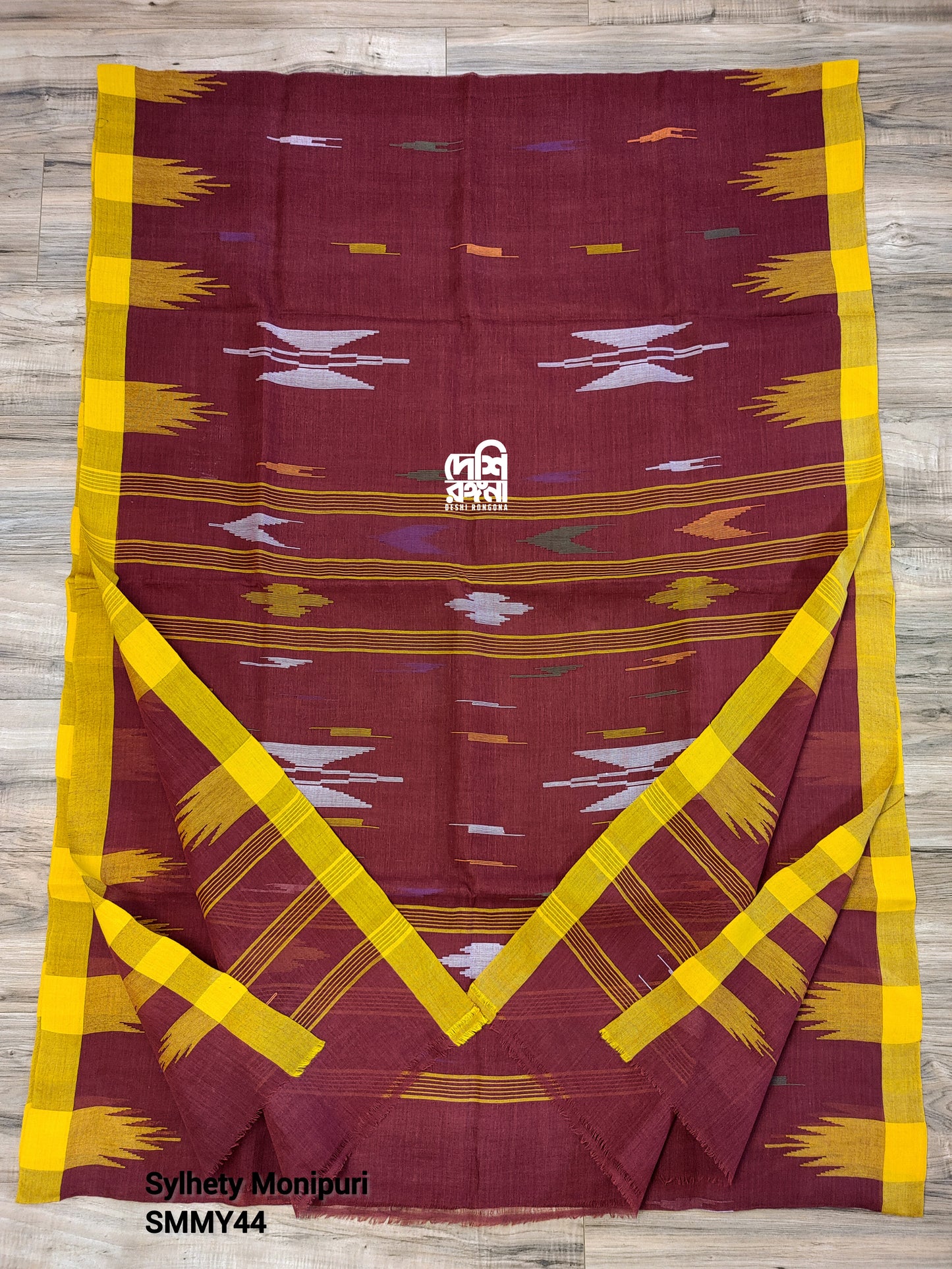Sylheti Monipuri Handwoven Saree – Maroon & Yellow Border