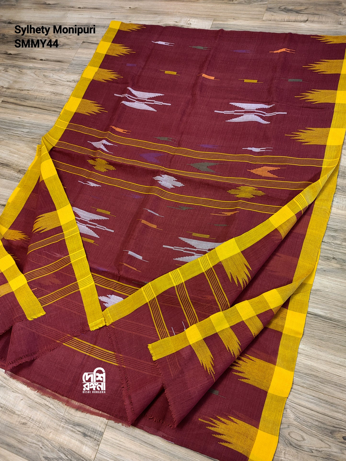 Sylheti Monipuri Handwoven Saree – Maroon & Yellow Border