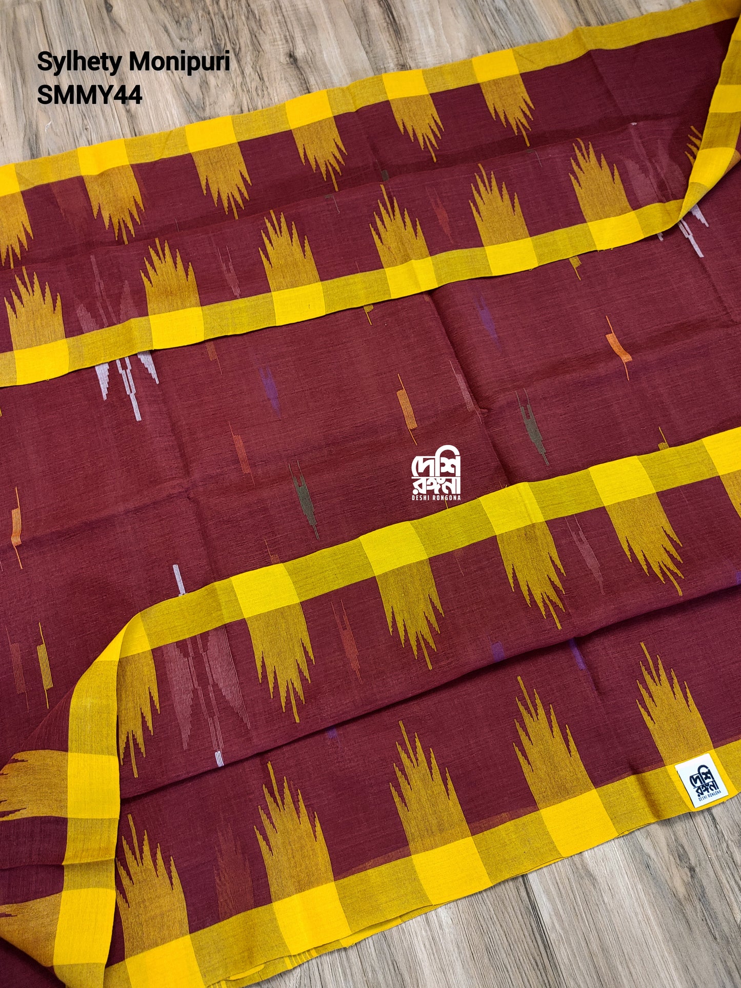 Sylheti Monipuri Handwoven Saree – Maroon & Yellow Border