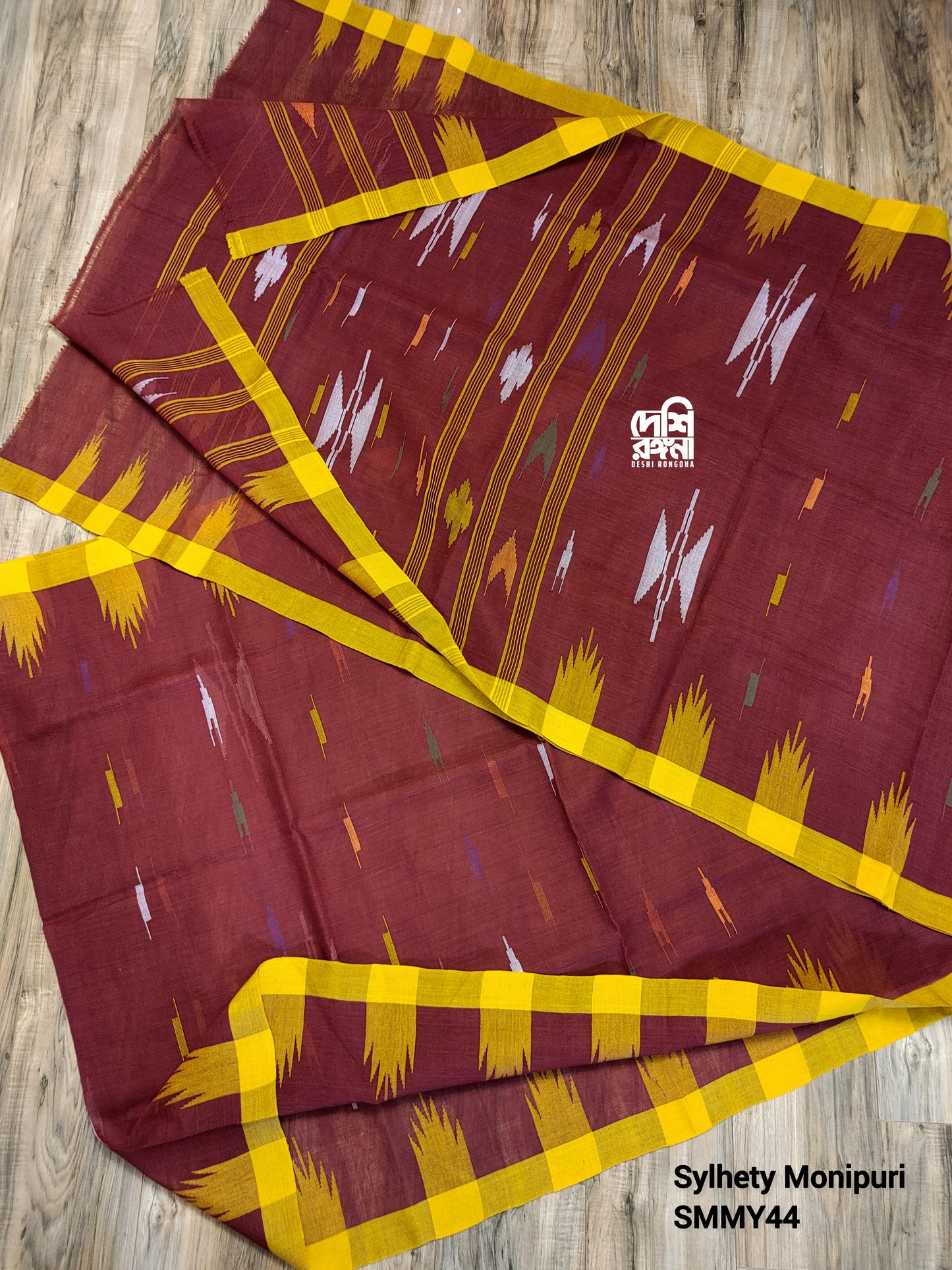 Sylheti Monipuri Handwoven Saree – Maroon & Yellow Border