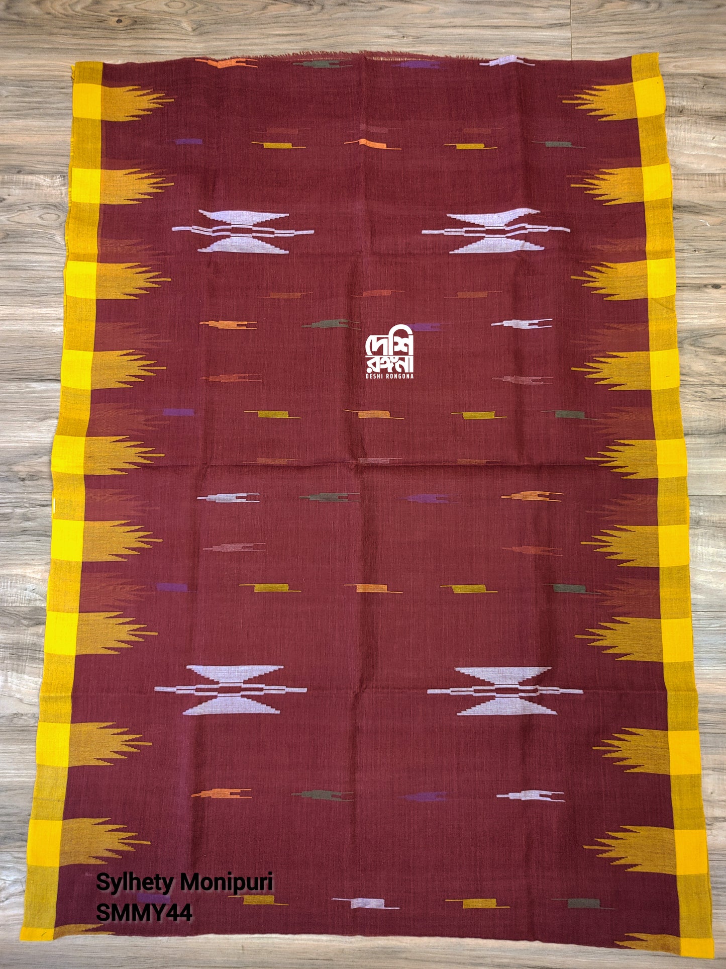 Sylheti Monipuri Handwoven Saree – Maroon & Yellow Border