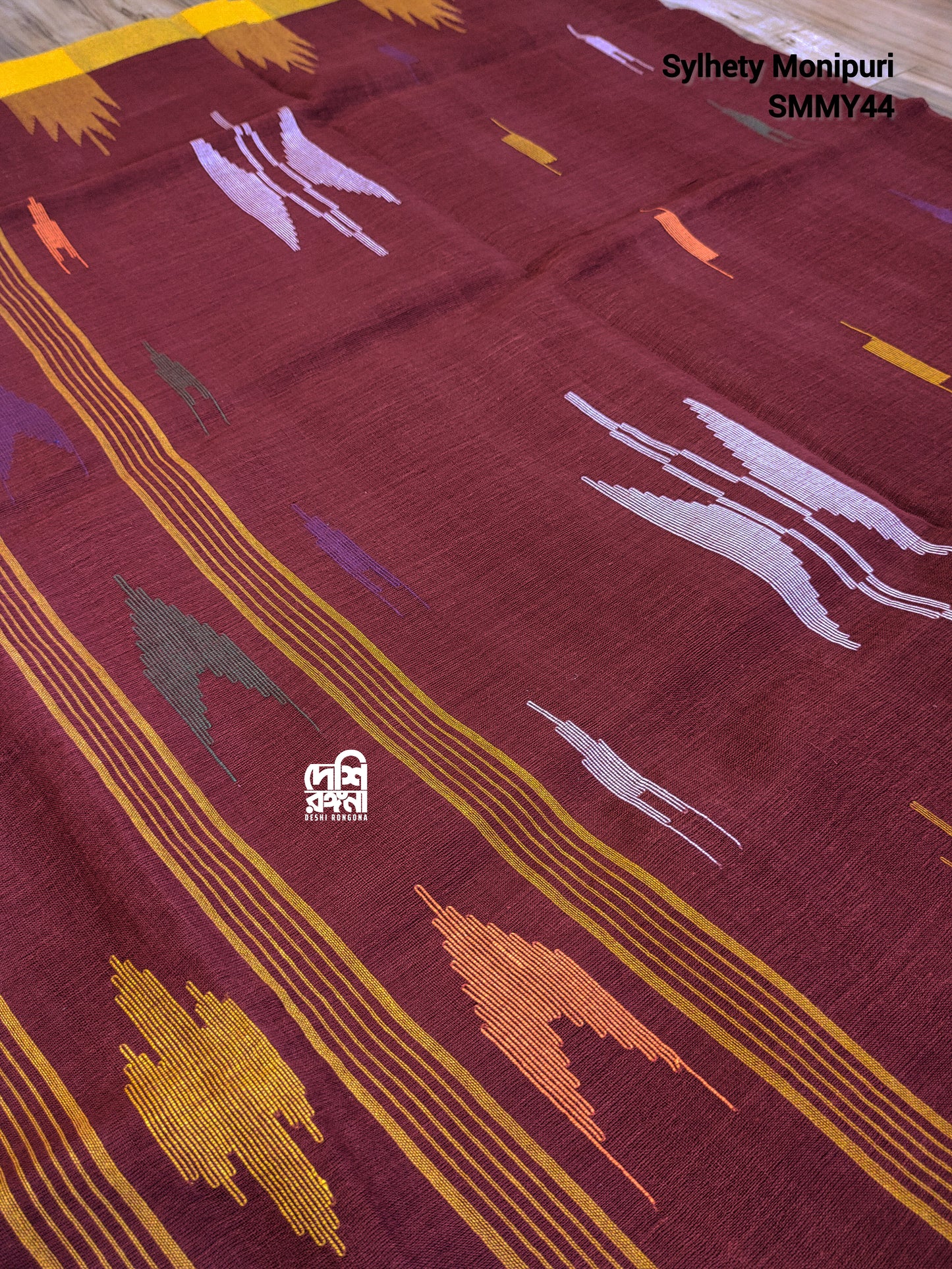 Sylheti Monipuri Handwoven Saree – Maroon & Yellow Border