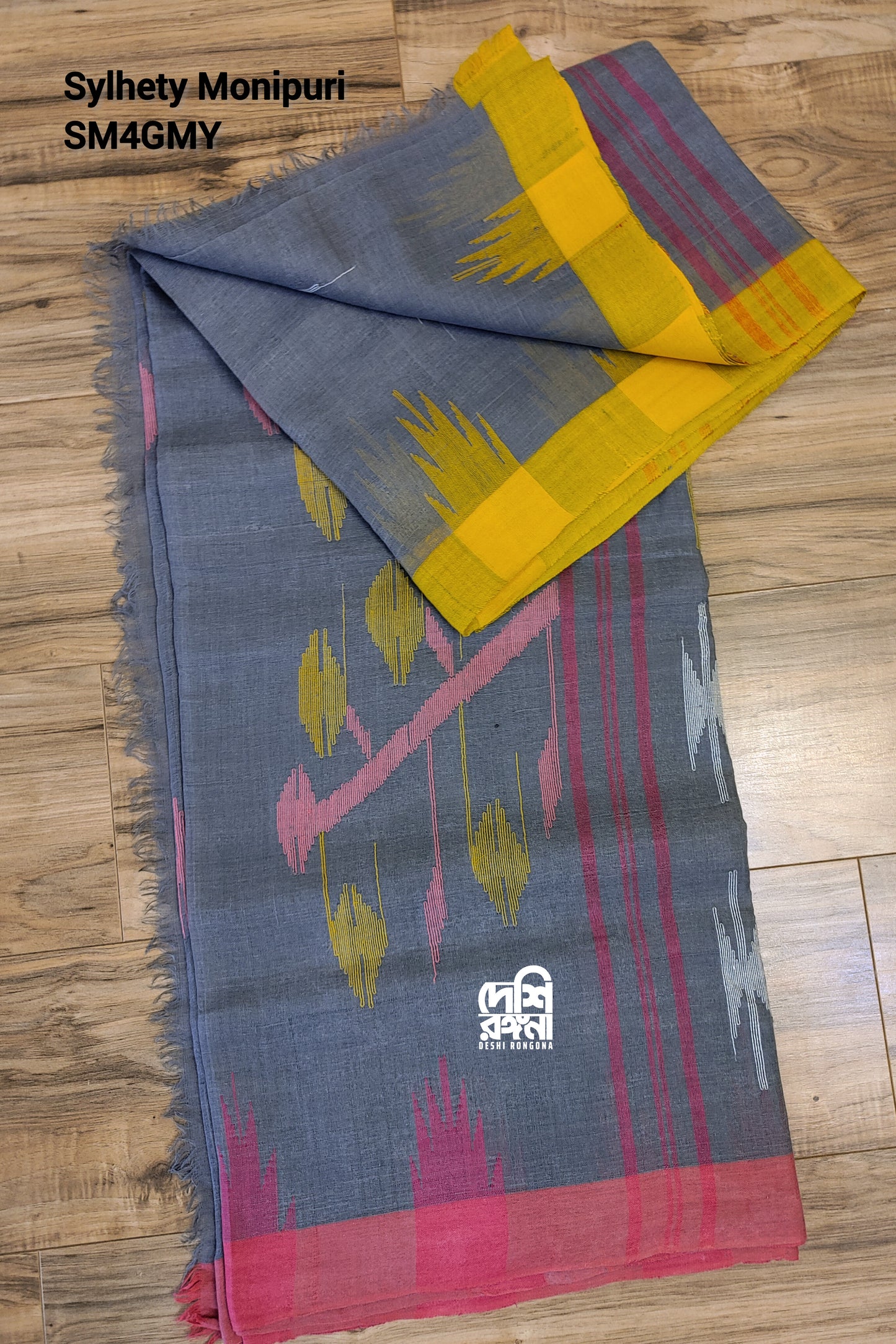 Gray Monipuri Cotton Saree with Ganga Jamuna Border