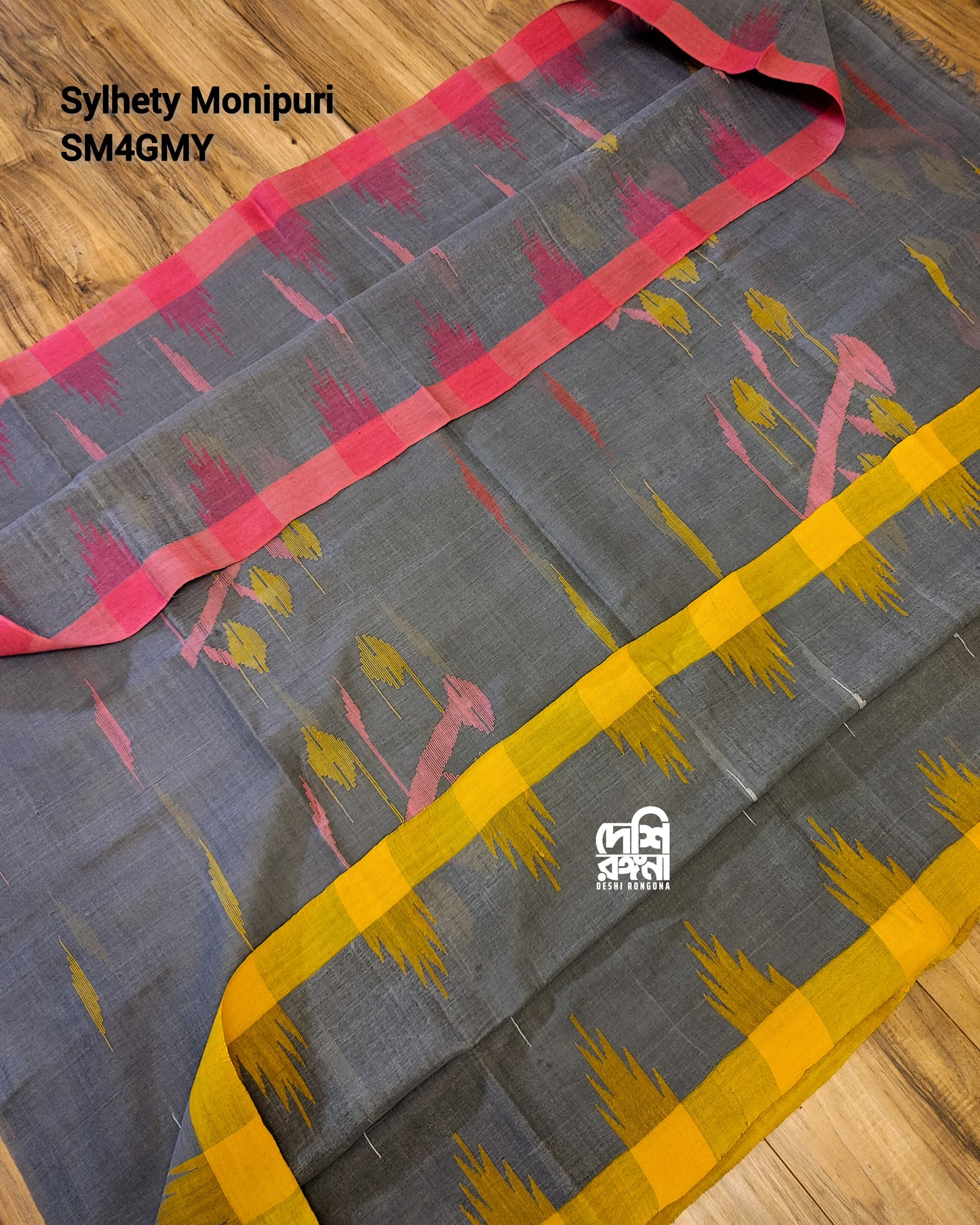 Gray Monipuri Cotton Saree with Ganga Jamuna Border