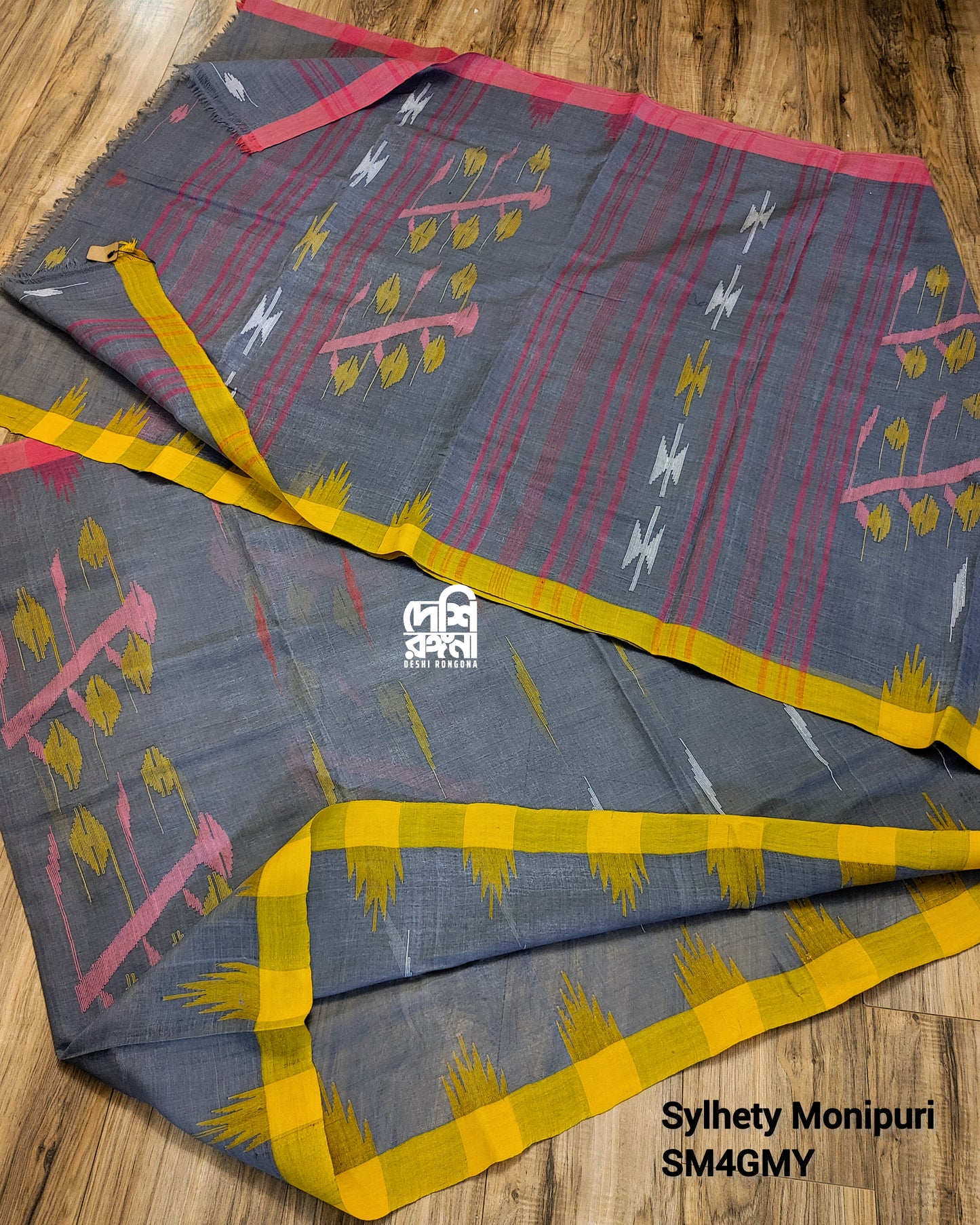 Gray Monipuri Cotton Saree with Ganga Jamuna Border
