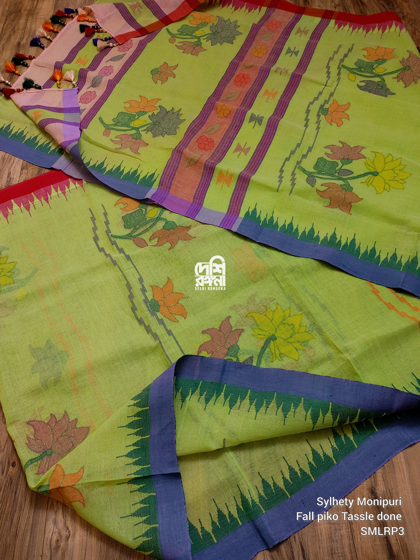 Sylheti Monipuri Handwoven Cotton Saree, Key Lime & Ganga Jamuna Border