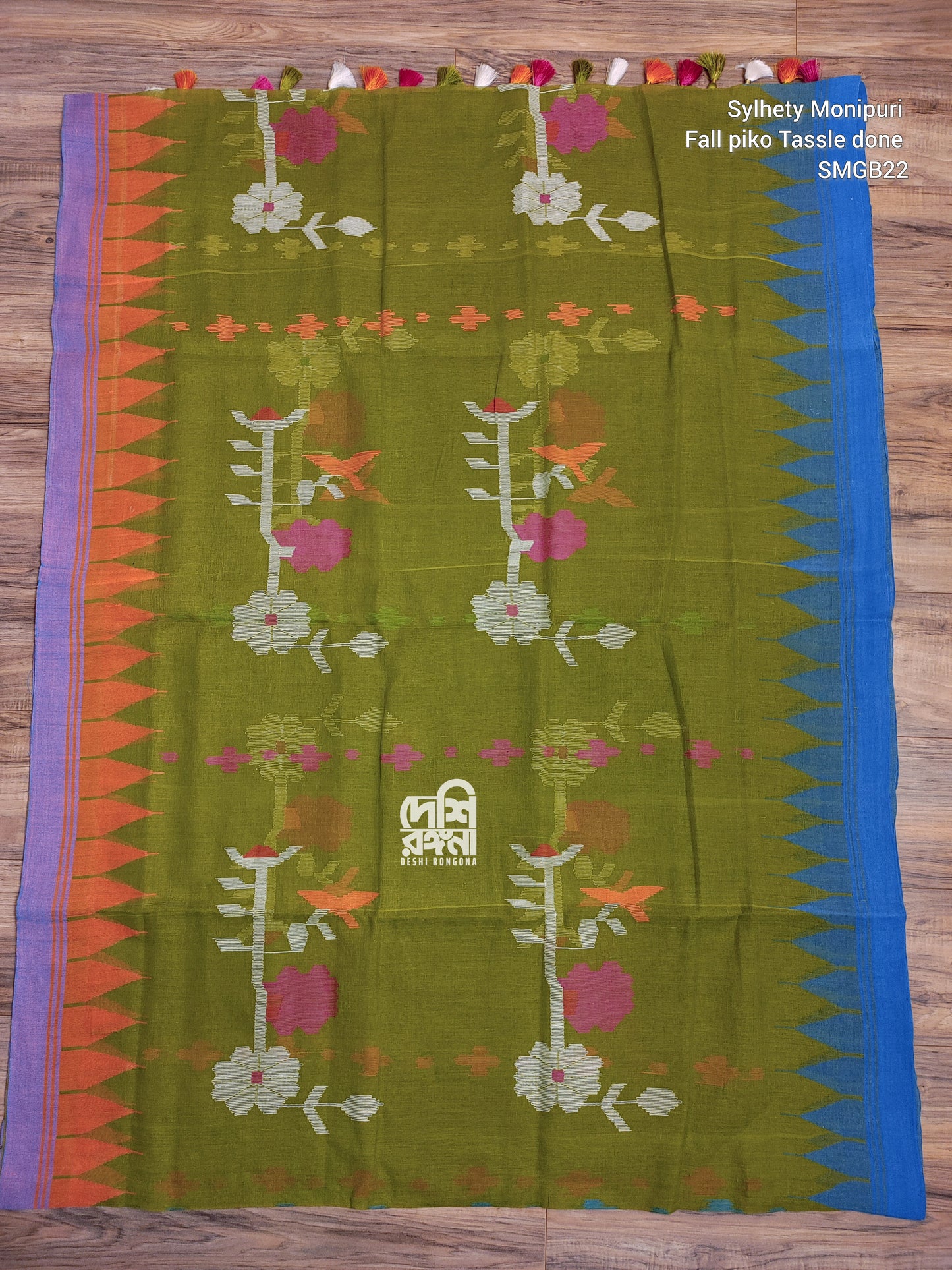 Sylheti Monipuri Handwoven Cotton Saree - Olive & Blue