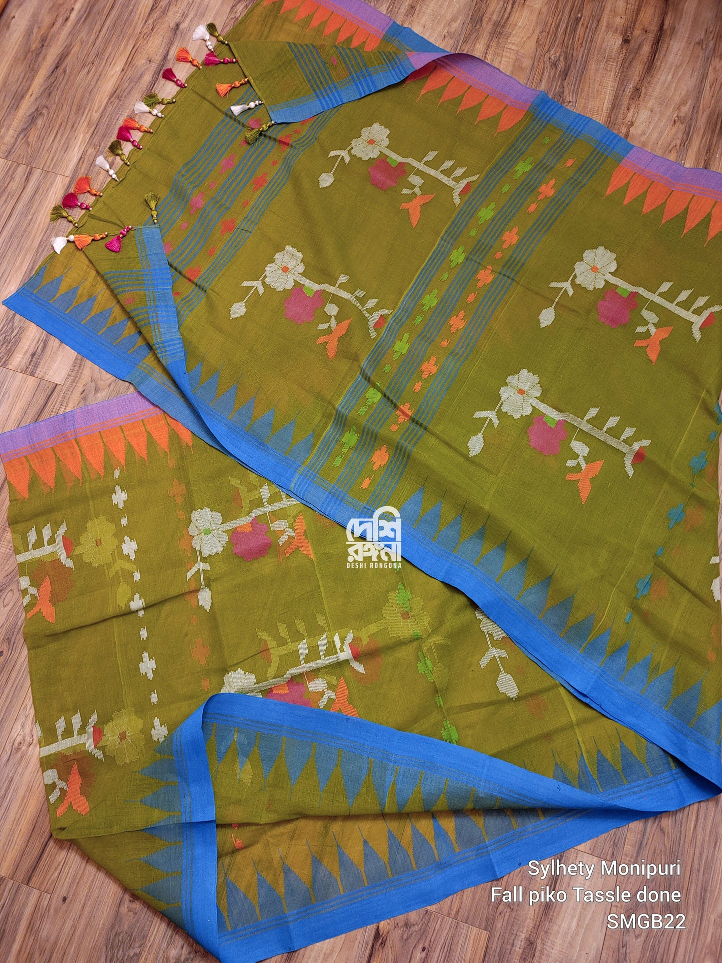 Sylheti Monipuri Handwoven Cotton Saree - Olive & Blue