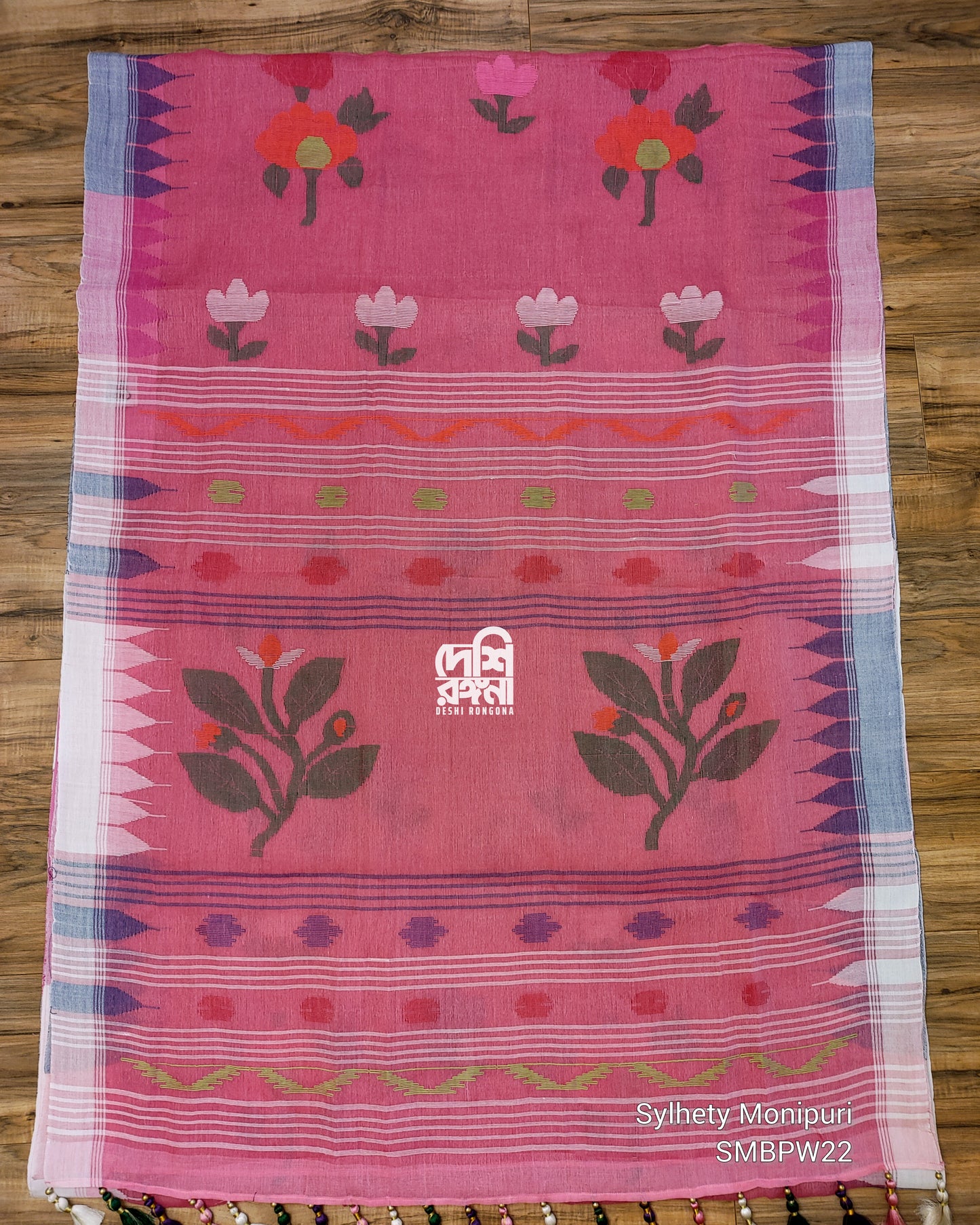 Sylheti Monipuri Handwoven Cotton Saree – Watermelon Pink