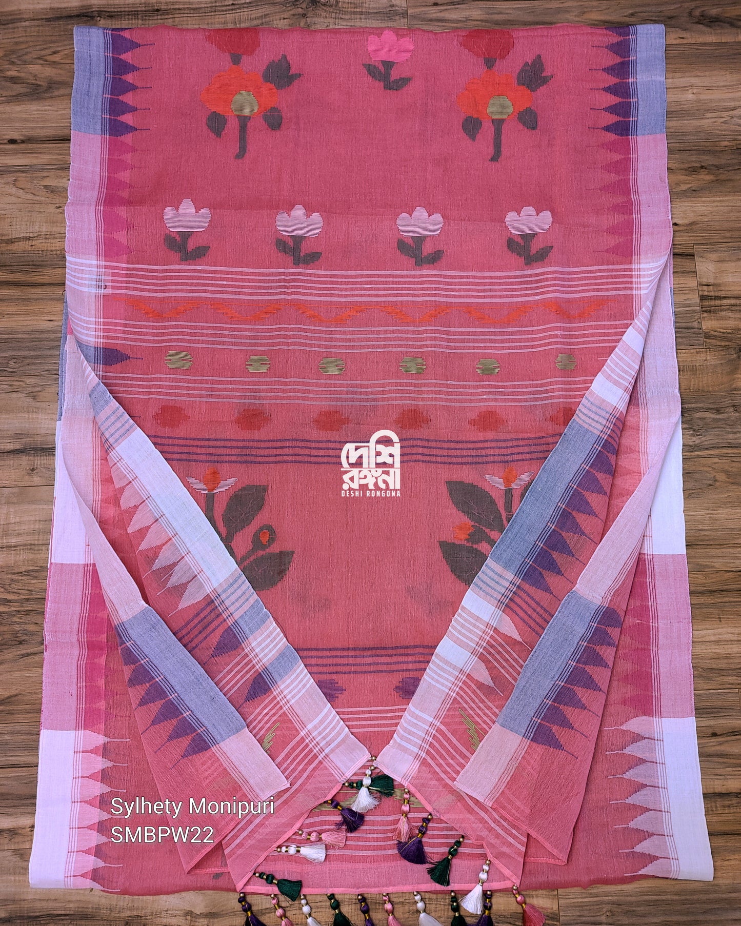 Sylheti Monipuri Handwoven Cotton Saree – Watermelon Pink
