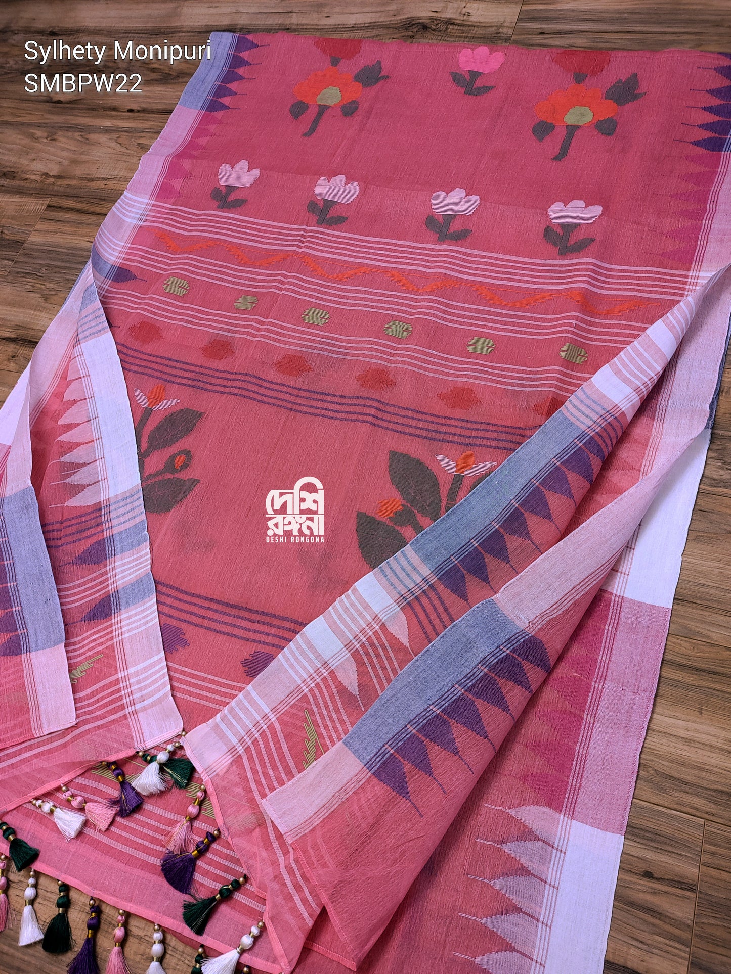 Sylheti Monipuri Handwoven Cotton Saree – Watermelon Pink