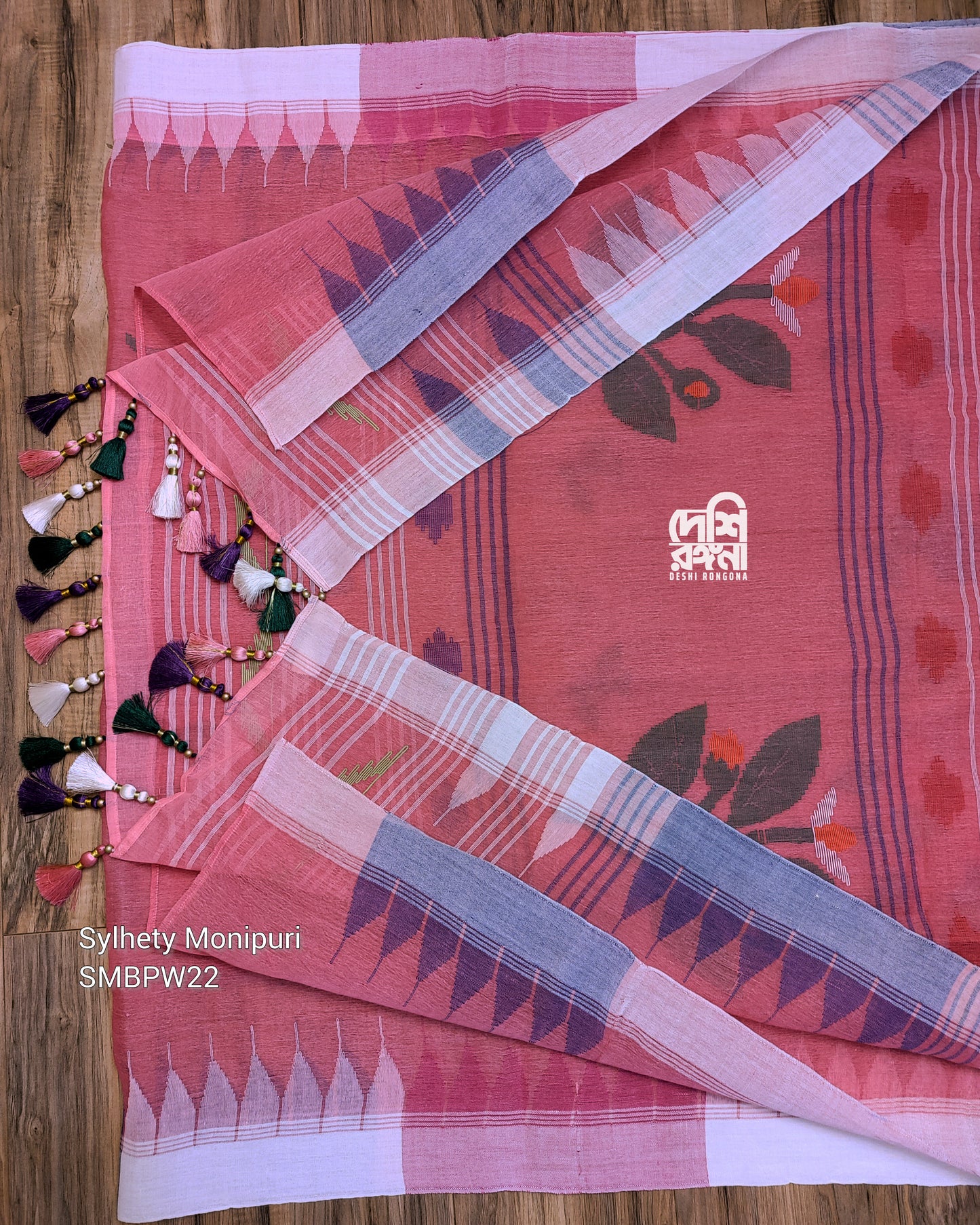 Sylheti Monipuri Handwoven Cotton Saree – Watermelon Pink