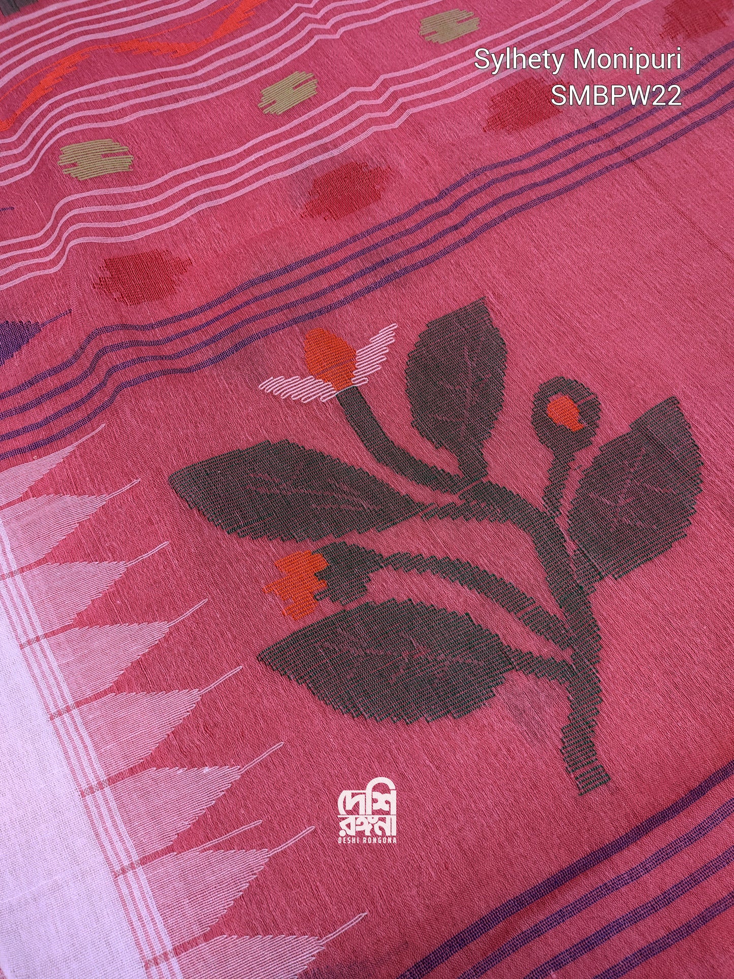 Sylheti Monipuri Handwoven Cotton Saree – Watermelon Pink