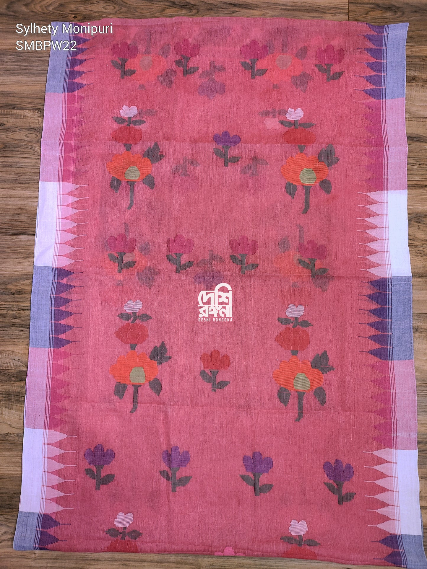Sylheti Monipuri Handwoven Cotton Saree – Watermelon Pink