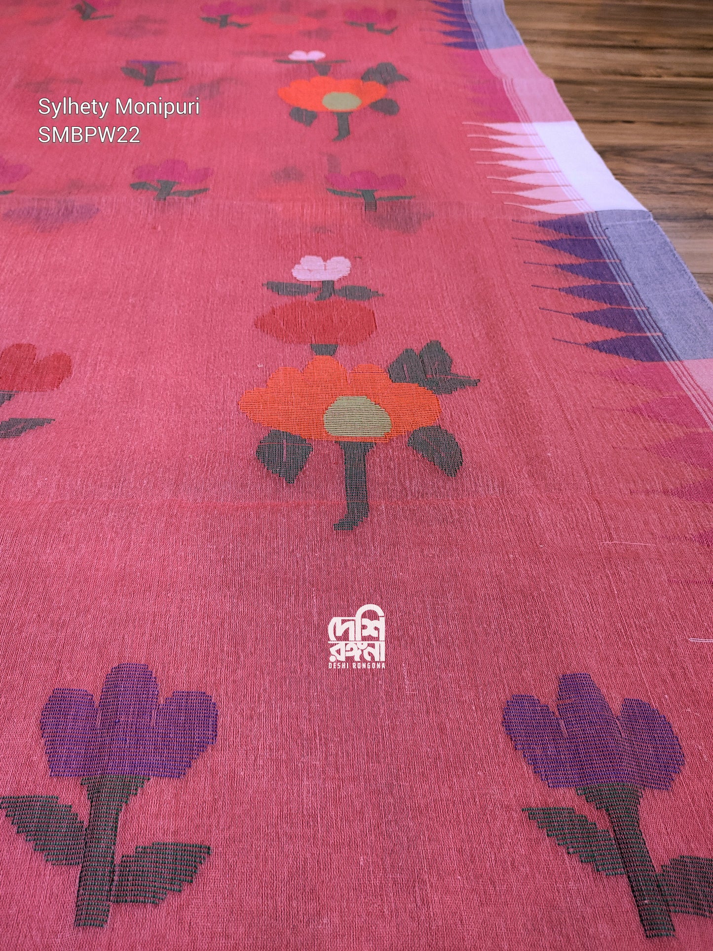 Sylheti Monipuri Handwoven Cotton Saree – Watermelon Pink