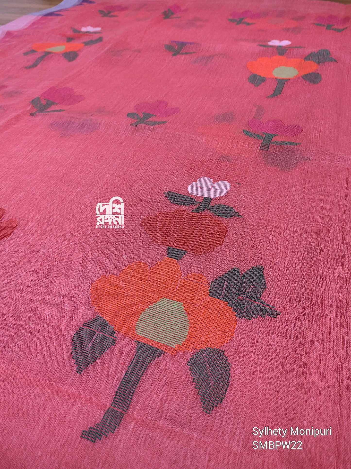 Sylheti Monipuri Handwoven Cotton Saree – Watermelon Pink