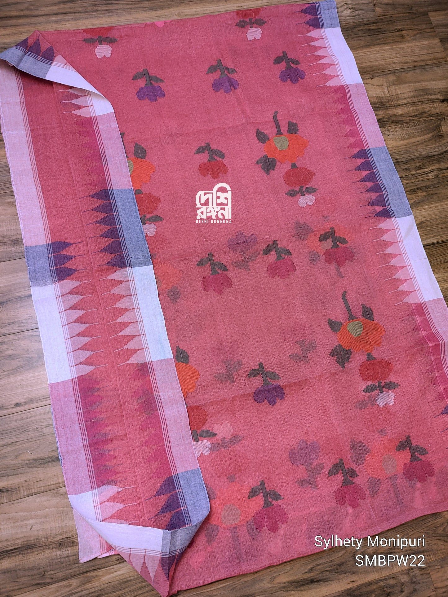 Sylheti Monipuri Handwoven Cotton Saree – Watermelon Pink