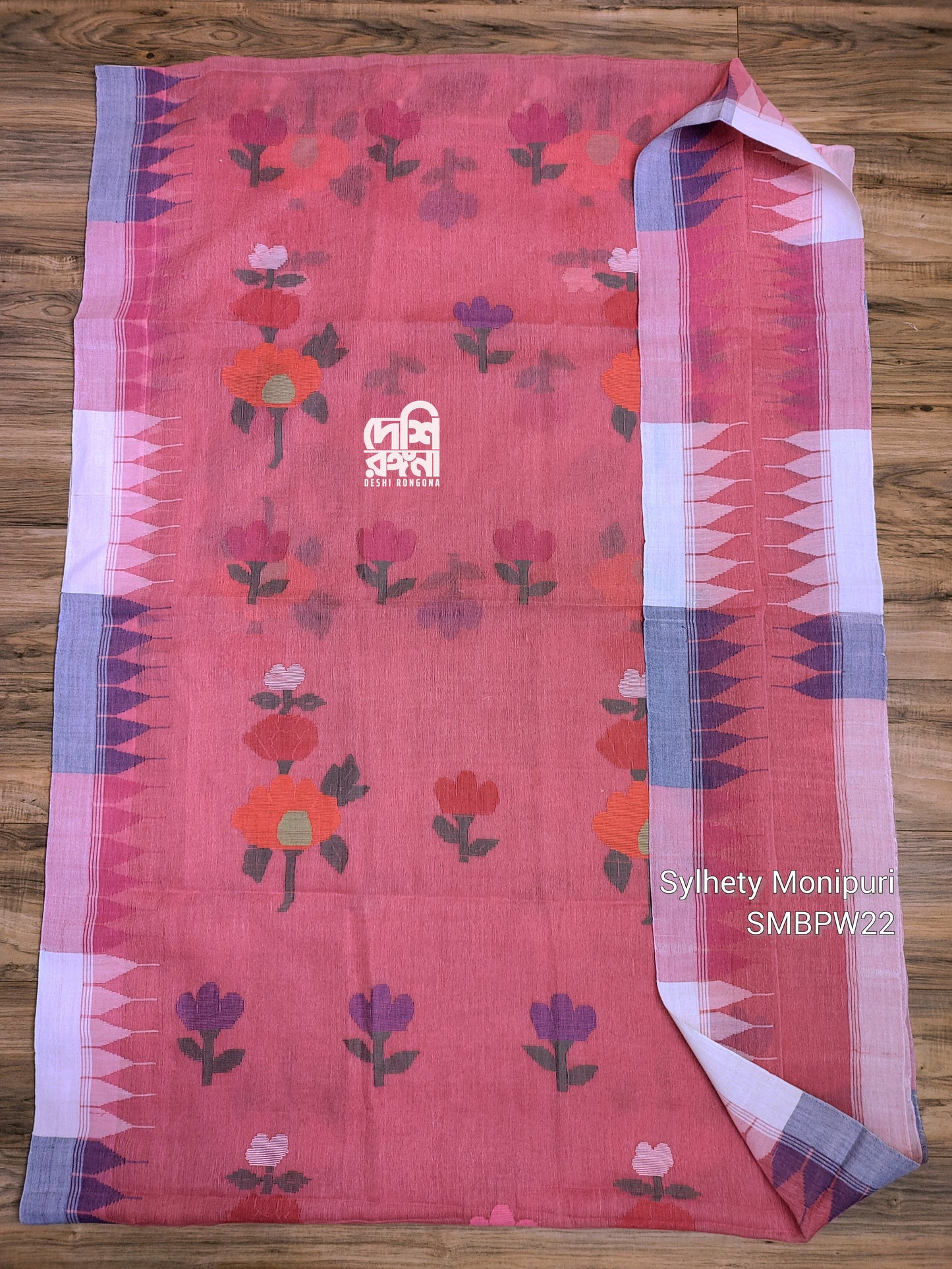Sylheti Monipuri Handwoven Cotton Saree – Watermelon Pink