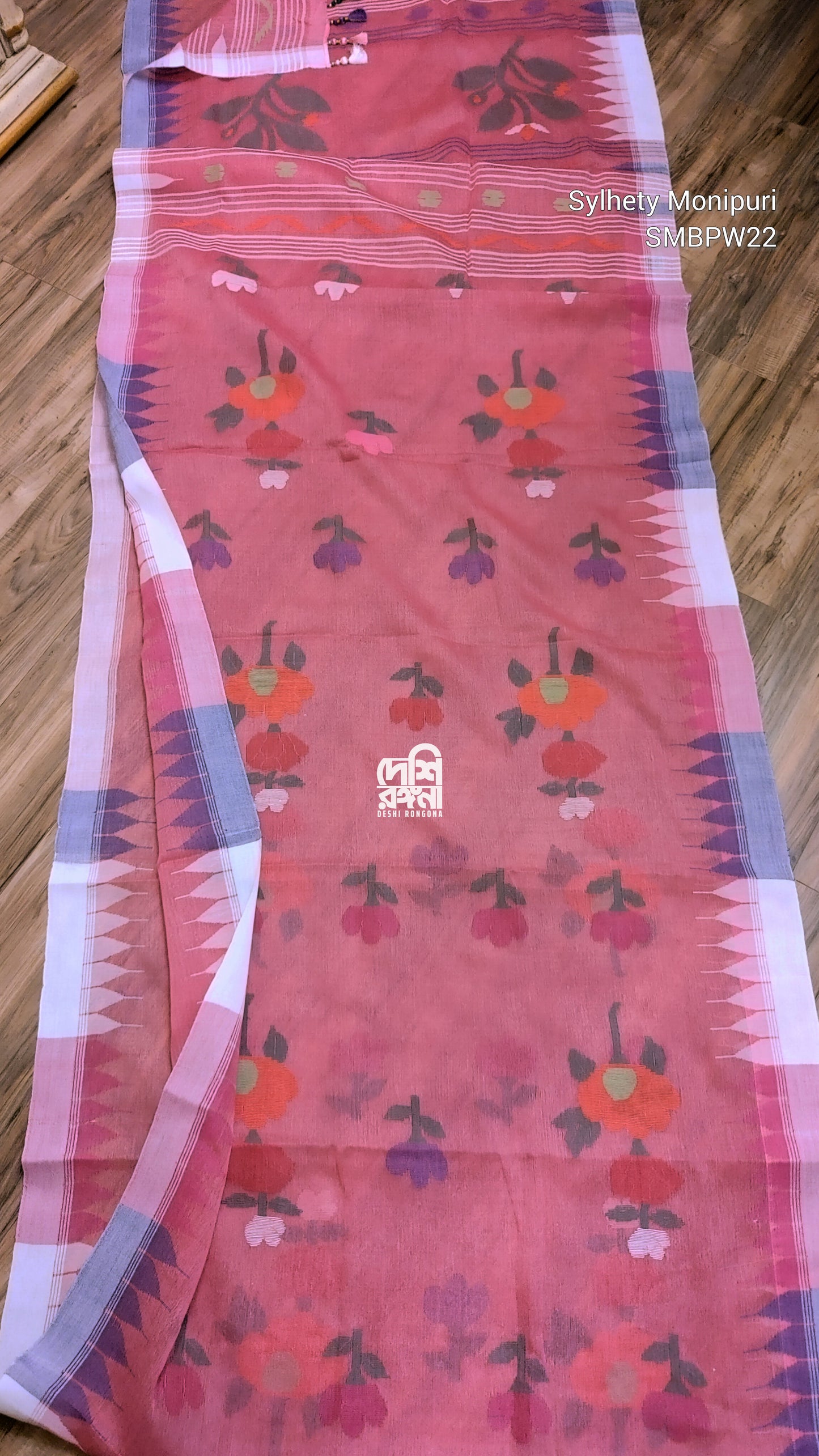 Sylheti Monipuri Handwoven Cotton Saree – Watermelon Pink