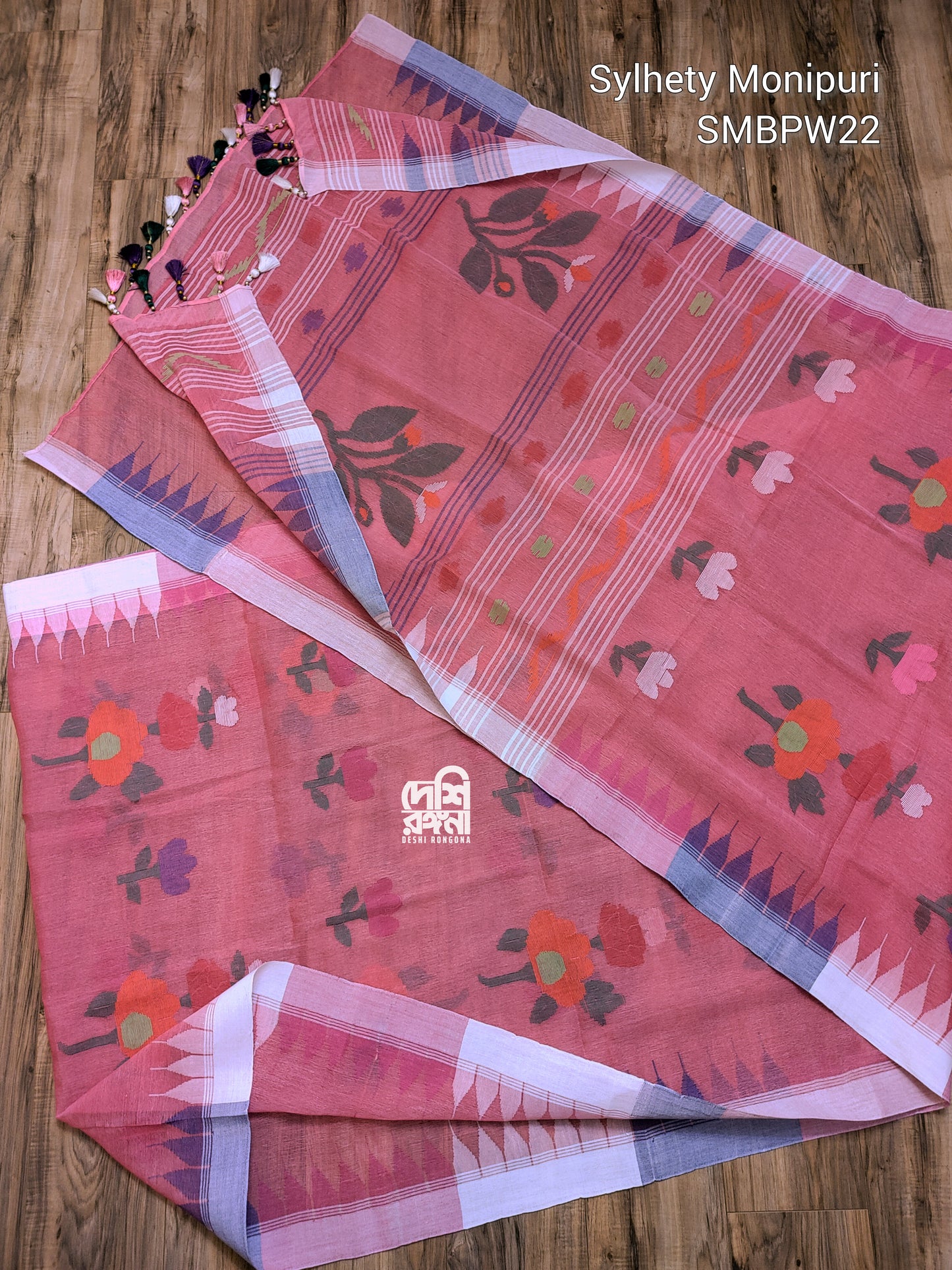 Sylheti Monipuri Handwoven Cotton Saree – Watermelon Pink