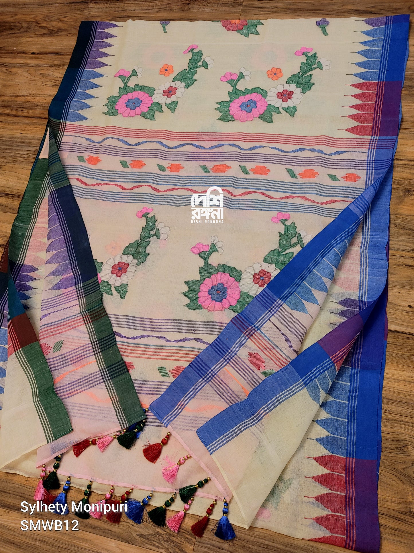 Off White Sylheti Monipuri Cotton Saree with Ganga Jamuna Border