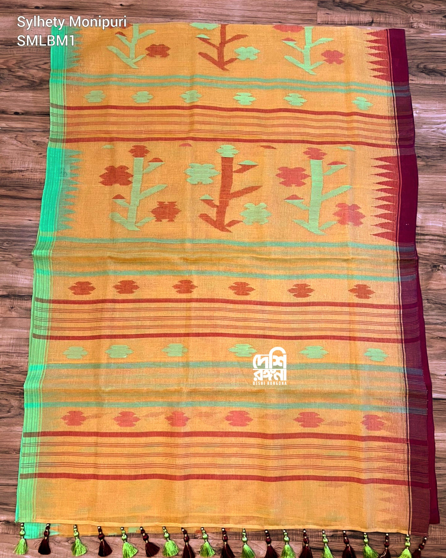 Sylheti Monipuri Handwoven Cotton Saree, Amber & Temple Border