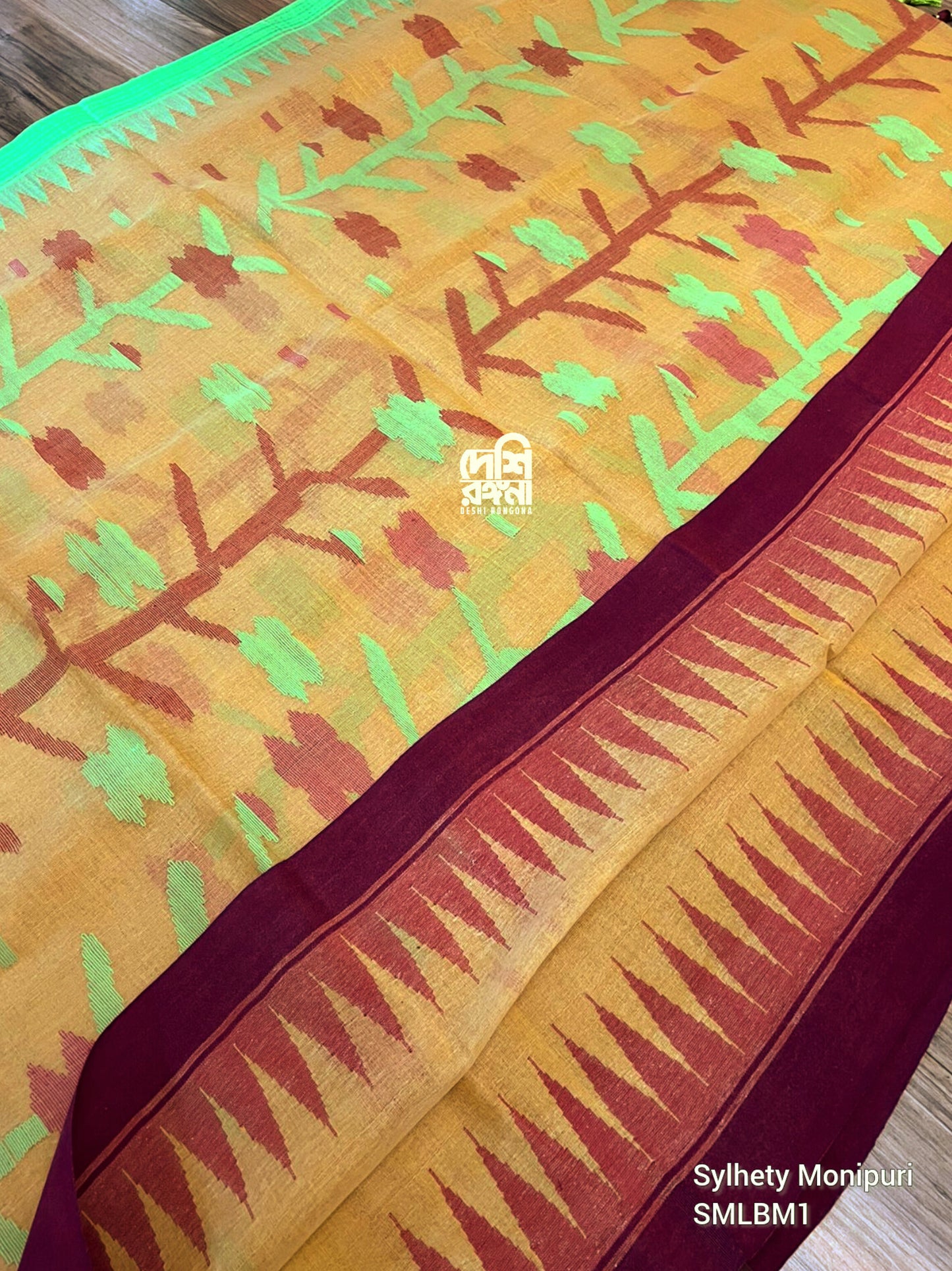 Sylheti Monipuri Handwoven Cotton Saree, Amber & Temple Border