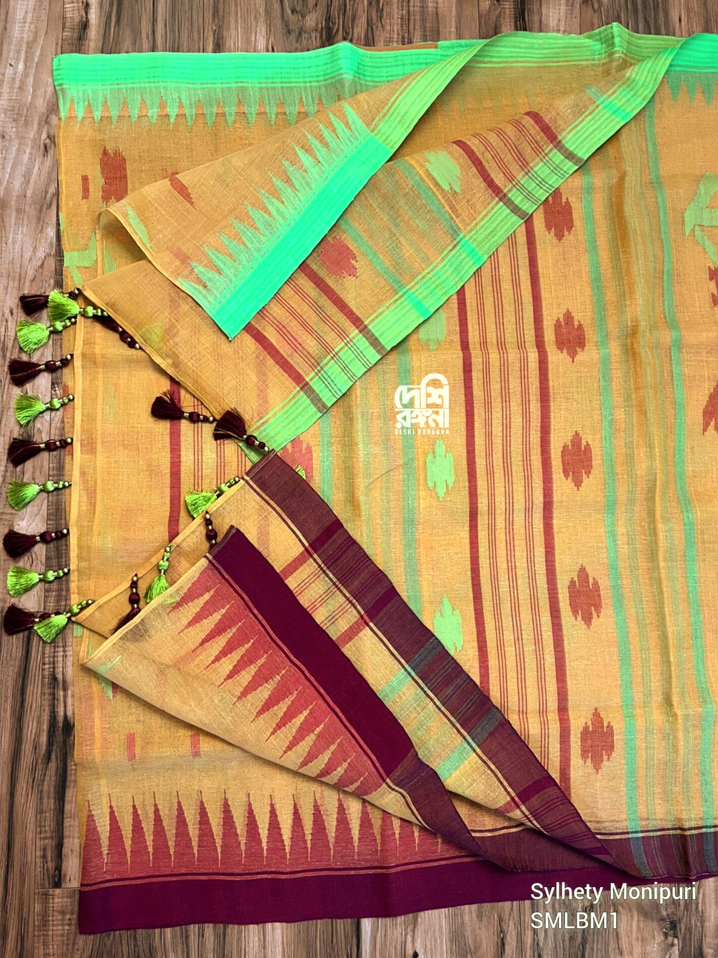 Sylheti Monipuri Handwoven Cotton Saree, Amber & Temple Border