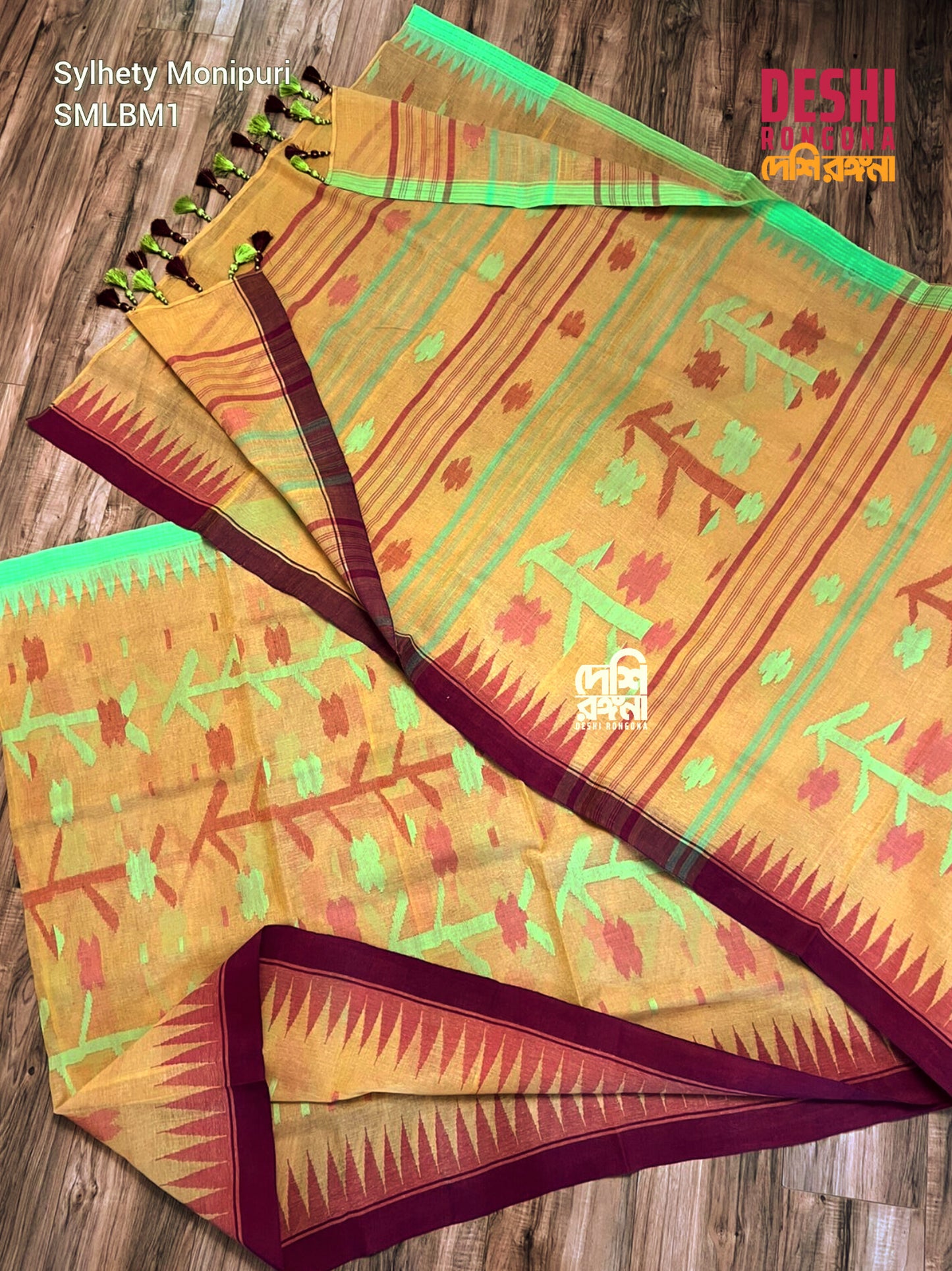 Sylheti Monipuri Handwoven Cotton Saree, Amber & Temple Border