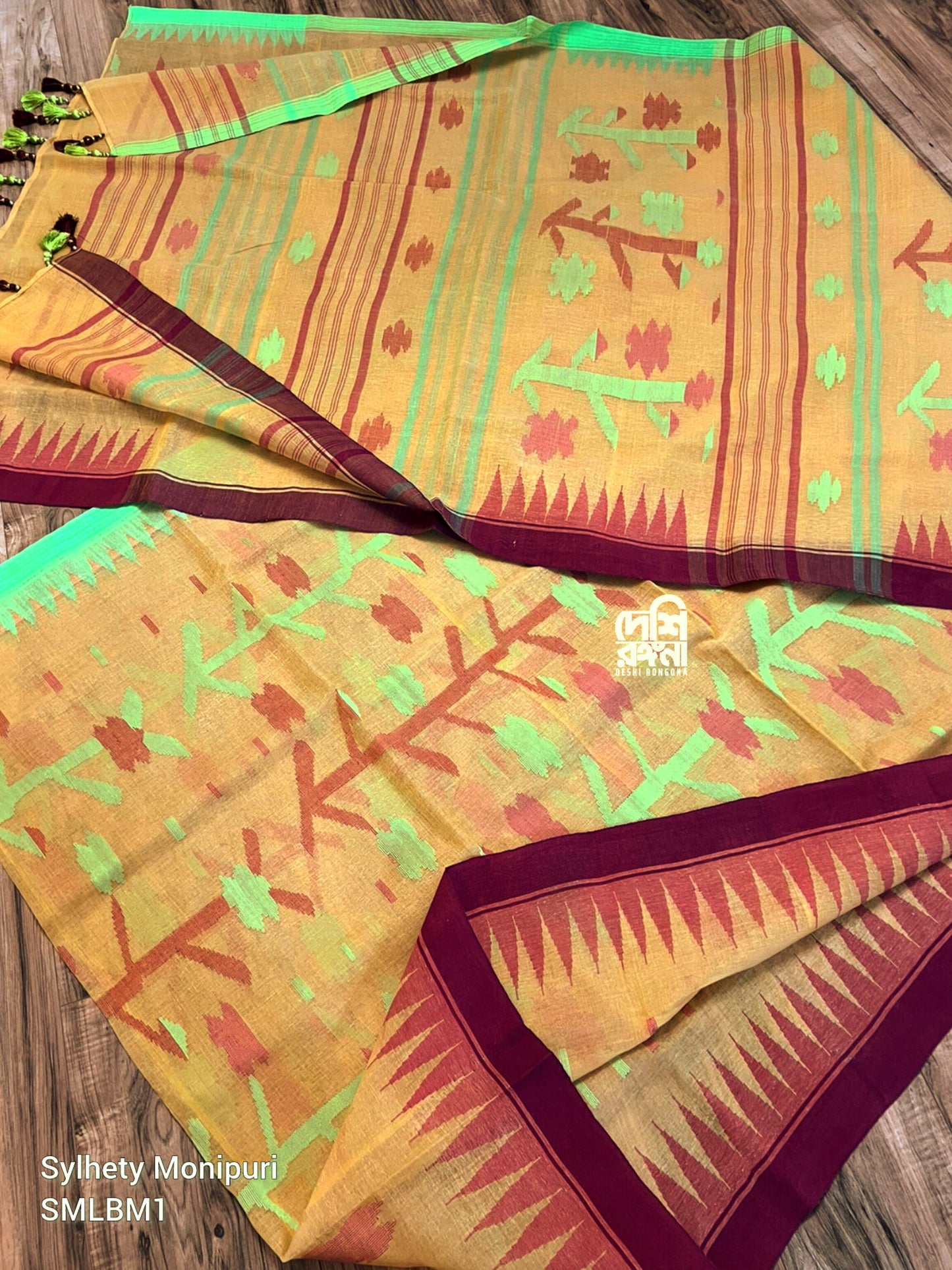 Sylheti Monipuri Handwoven Cotton Saree, Amber & Temple Border