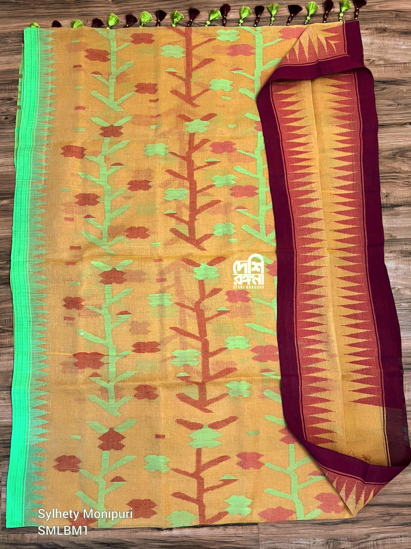 Sylheti Monipuri Handwoven Cotton Saree, Amber & Temple Border