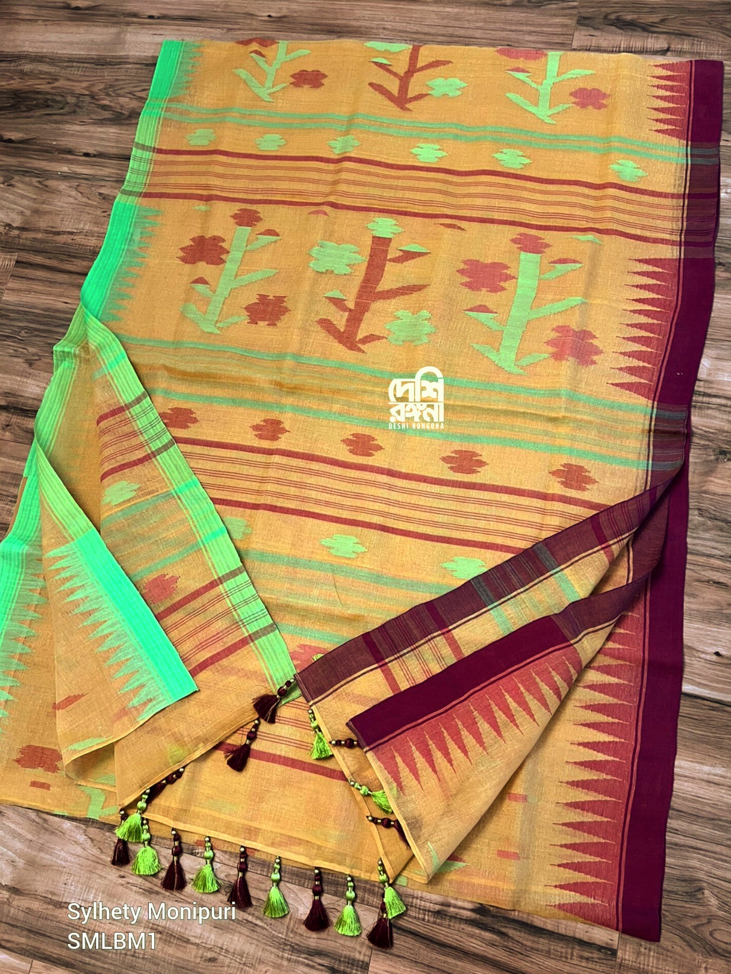 Sylheti Monipuri Handwoven Cotton Saree, Amber & Temple Border