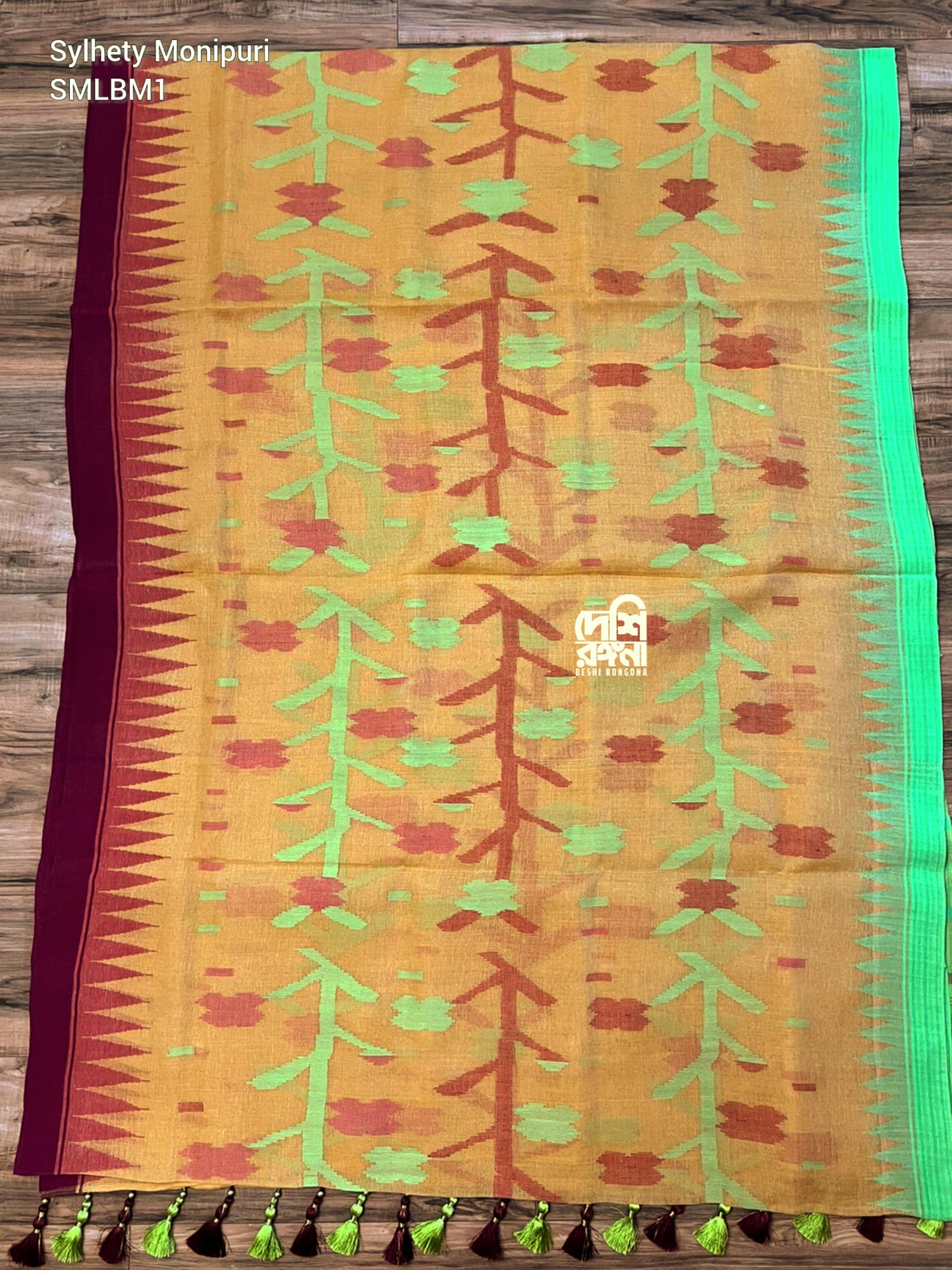 Sylheti Monipuri Handwoven Cotton Saree, Amber & Temple Border