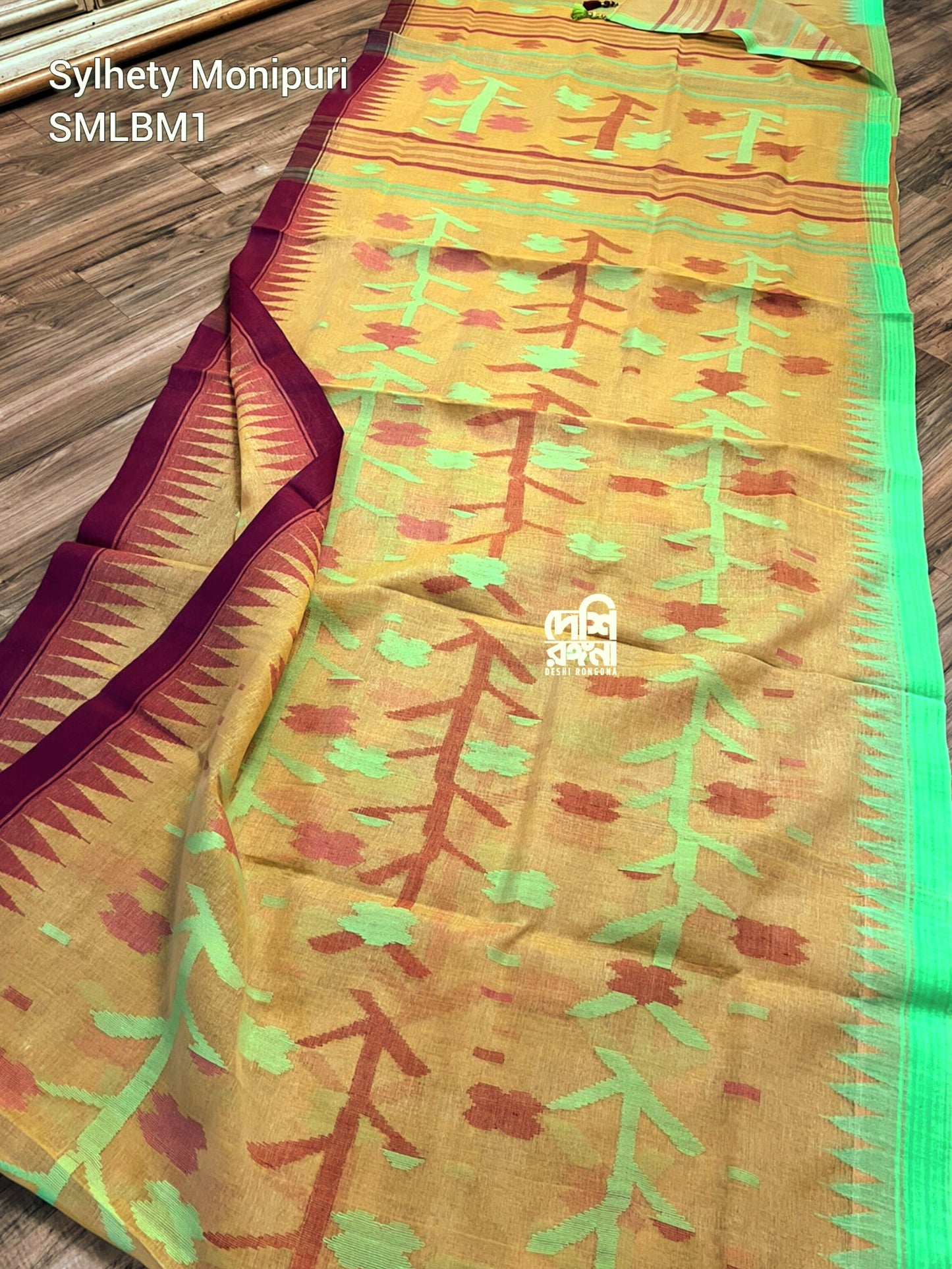 Sylheti Monipuri Handwoven Cotton Saree, Amber & Temple Border